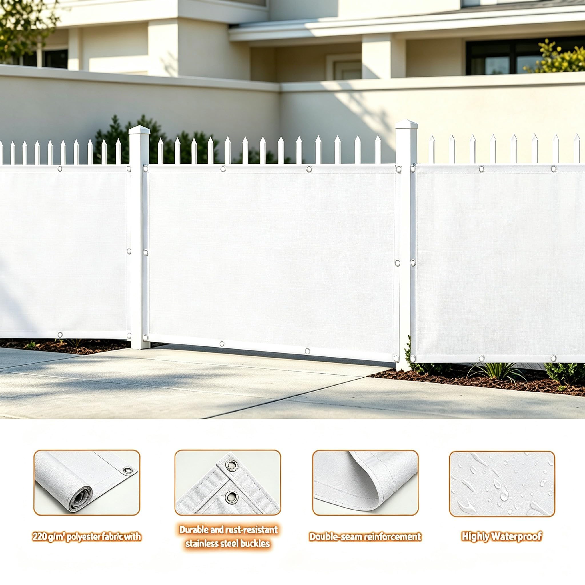 Weiß Balkon Sichtschutz 140x600cm Balkonbespannung Blickdicht, Sichtschutz Garten mit Ösen, PES Uv-Schutz Windschutz Balkonverkleidung für Balkongeländer Terasse Schwimmbad