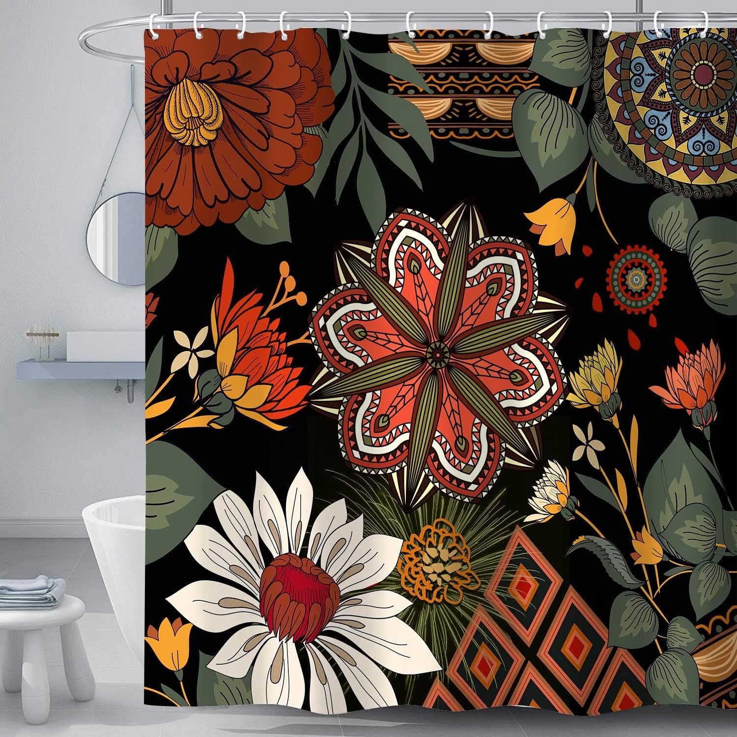 Abstract Bohemian Floral Botanical Shower Curtain, Mid Century Morden Boho Botanical