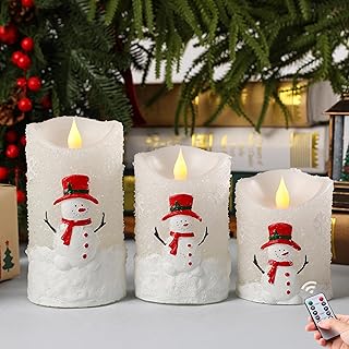 Christmas Snowman Flameless Candles Battery Operated with Remote - 3 Pcs White Snowman Decor LED Pillar Candles with Timer, Real Wax for Xmas Table, Mantel & Winter Home Decor