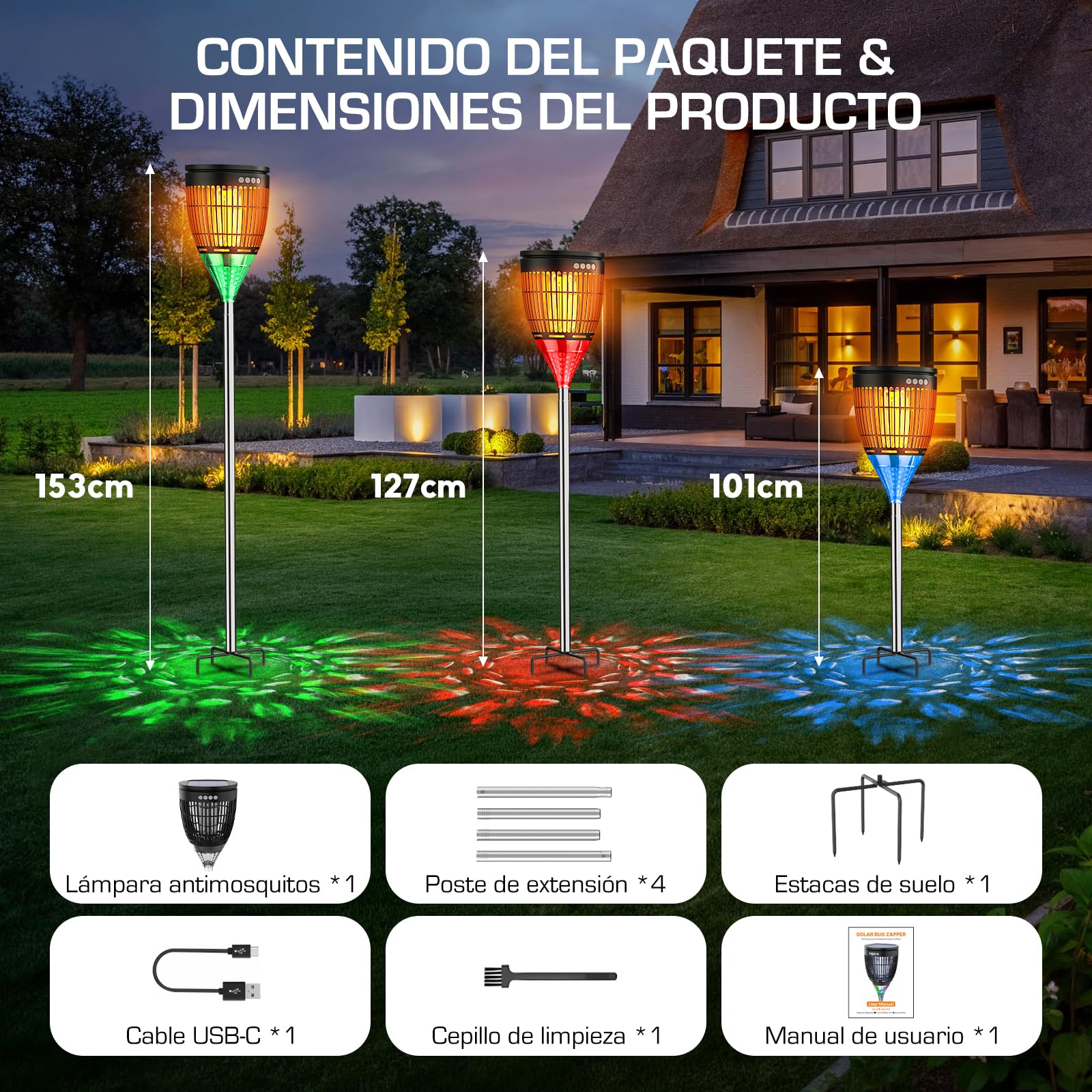 Lámpara Antimosquitos Solar de Exterior, Mata Mosquitos Eléctrico 4200V, Impermeable IPX5, Recargable USB-C, Matamoscas Eléctrico Sin Cables con Estaca para Jardín, Césped