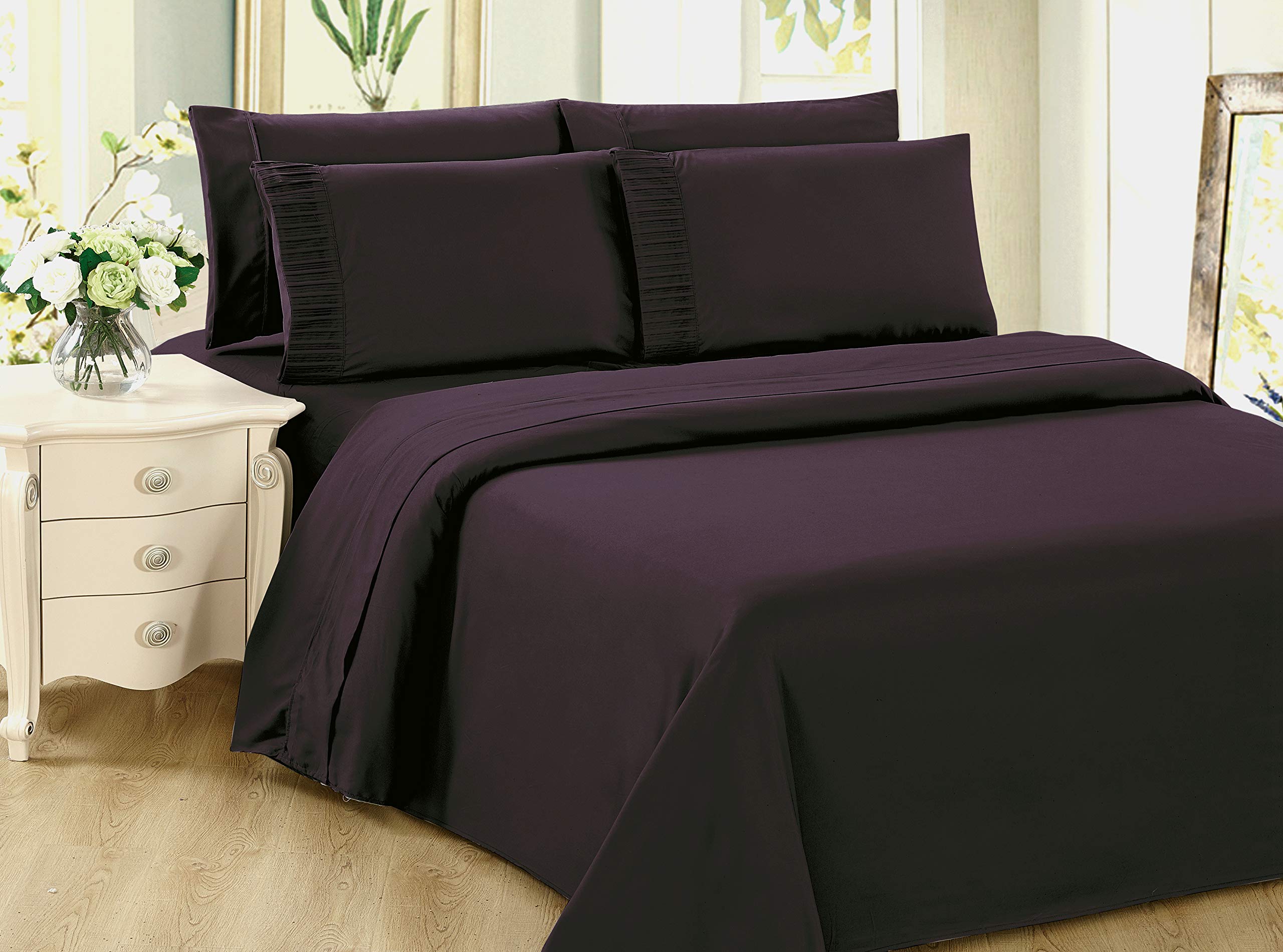 Marina Decoration Ultra Soft Silky Zipper Solid Rayon Derived from Bamboo All Season 3 Pieces Duvet Cover Set with 2 Pillowcases, Eggplant Color King Size