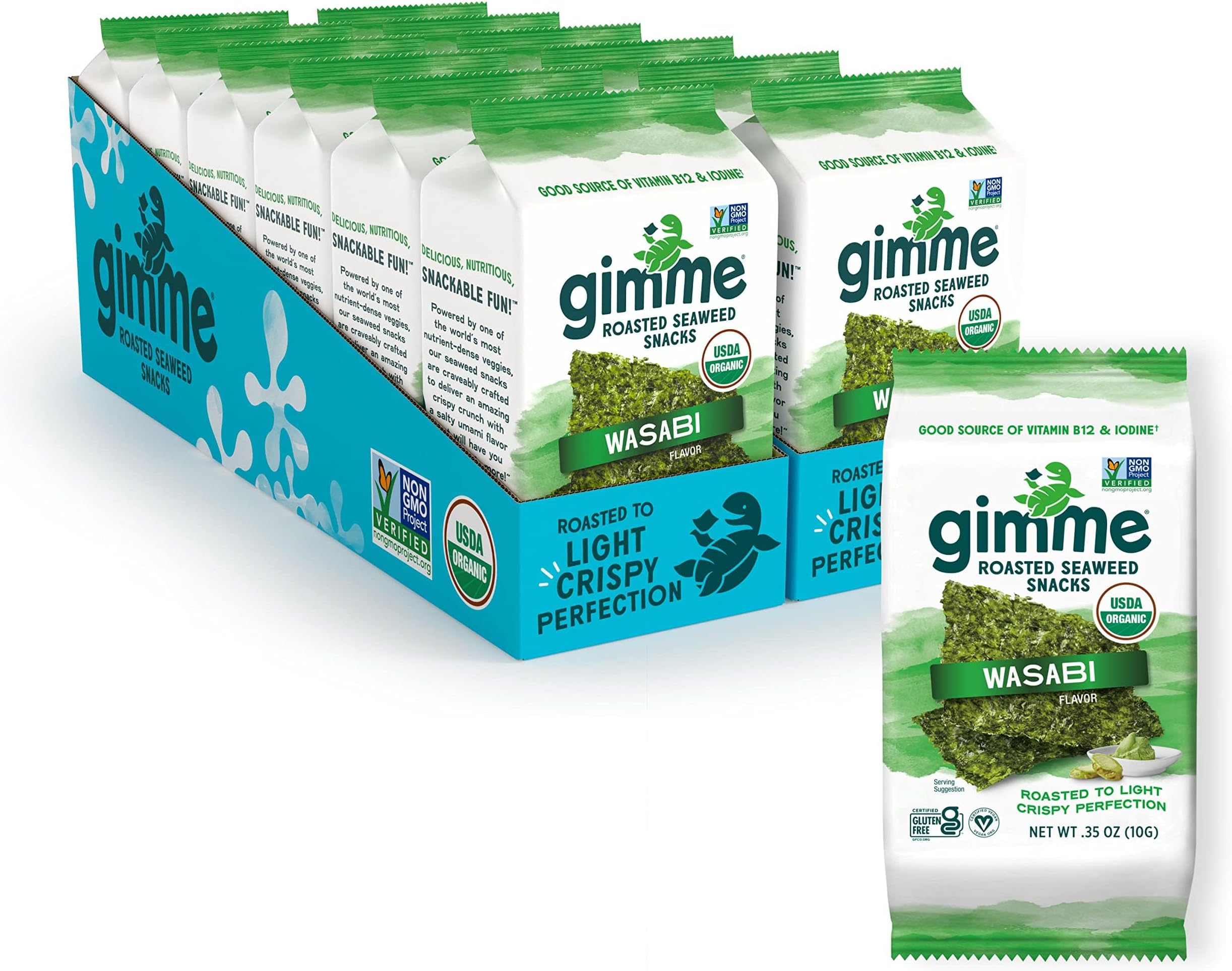 gimMe - Wasabi - 12 Count Sharing Size - Organic Roasted Seaweed Sheets - Keto, Vegan, Gluten Free - Great Source of Iodine & Omega 3’s - Healthy On-The-Go Snack for Kids & Adults