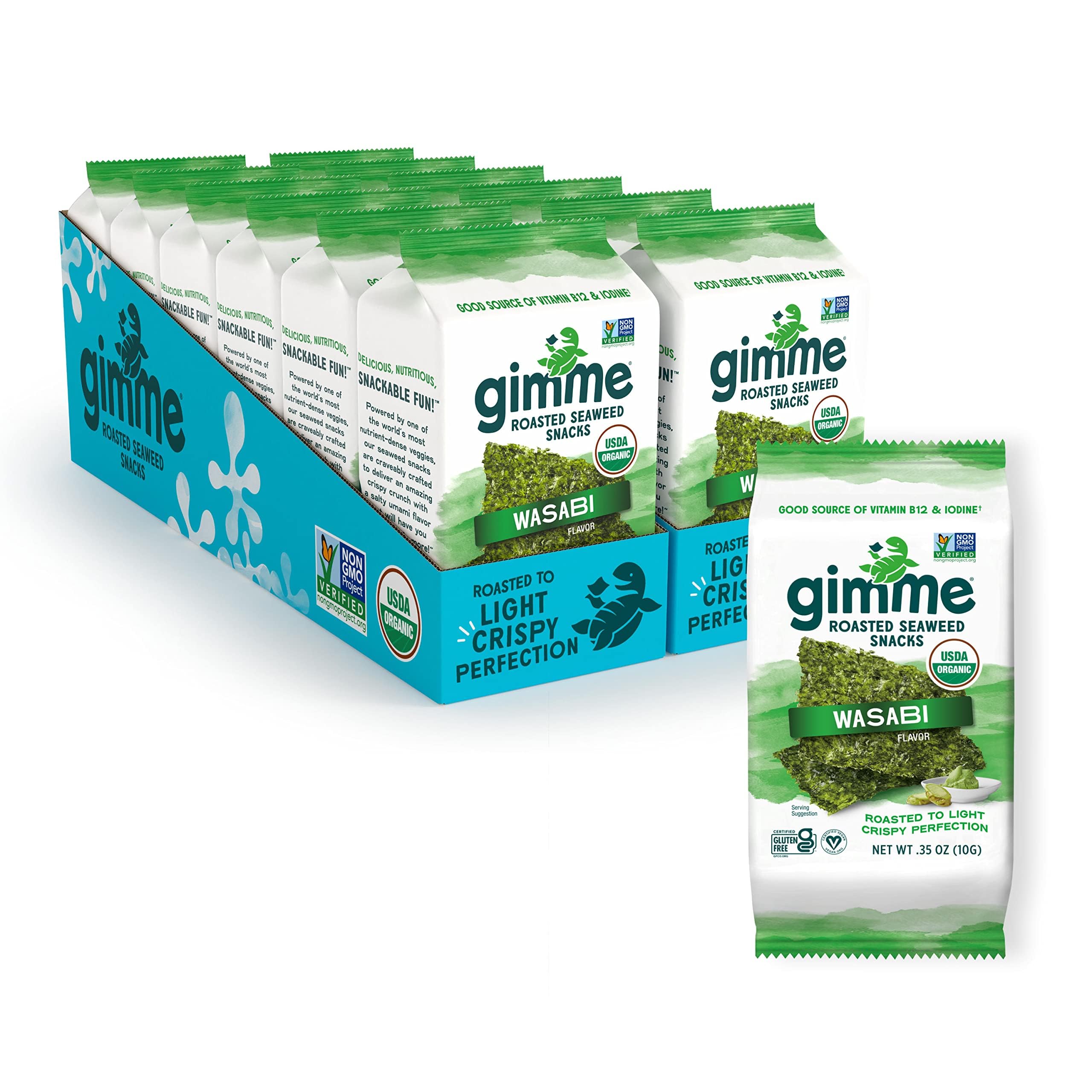 Gimme Seaweed Organic Premium Roasted Seaweed Snacks, Wasabi,12 Count Sharing Size, Keto, Vegan, Gluten-Free, Great Source of Omega3s and Iodine, Healthy On-The-Go Snack for Kids and AdultsUSDA Organic