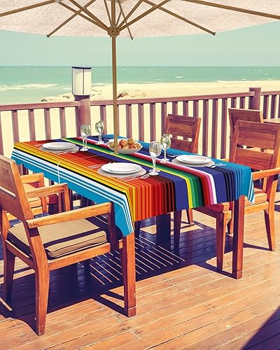 Miniatura 2 de Mantel rectangular a rayas de México para exteriores con agujero para paraguas, 60 x 84 pulgadas, sin arrugas, mantel de tela lavable, cubierta