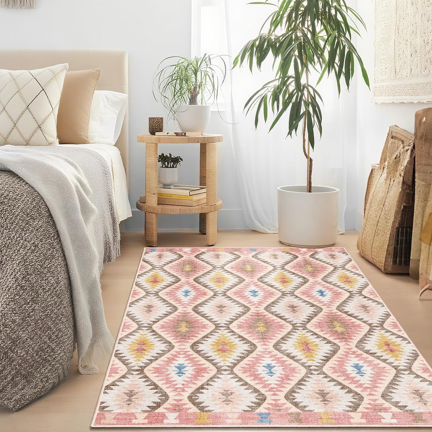 3x5 Rug for Living Room, Washable Pink Area Rug, Boho Moroccan Geometric Trellis with Vibrant Hues Non Slip Rug for Large Kitchen, Bedroom Bedside, Entryway, Low Pile Ultra Soft Small Carpet