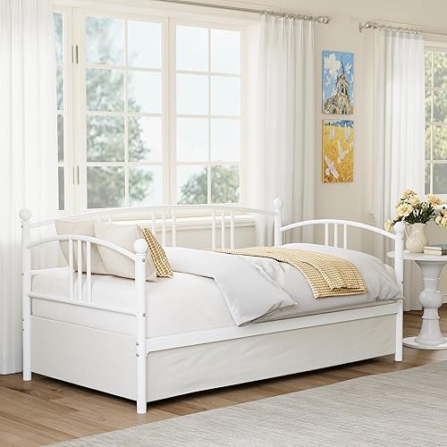 Garvee Twin Metal Daybed, Metal Sofa Bed Frame with Arched Headboard, Guest Sofa Bed with Steel Slat Support, No Box Spring Required, Easy Assembly, White