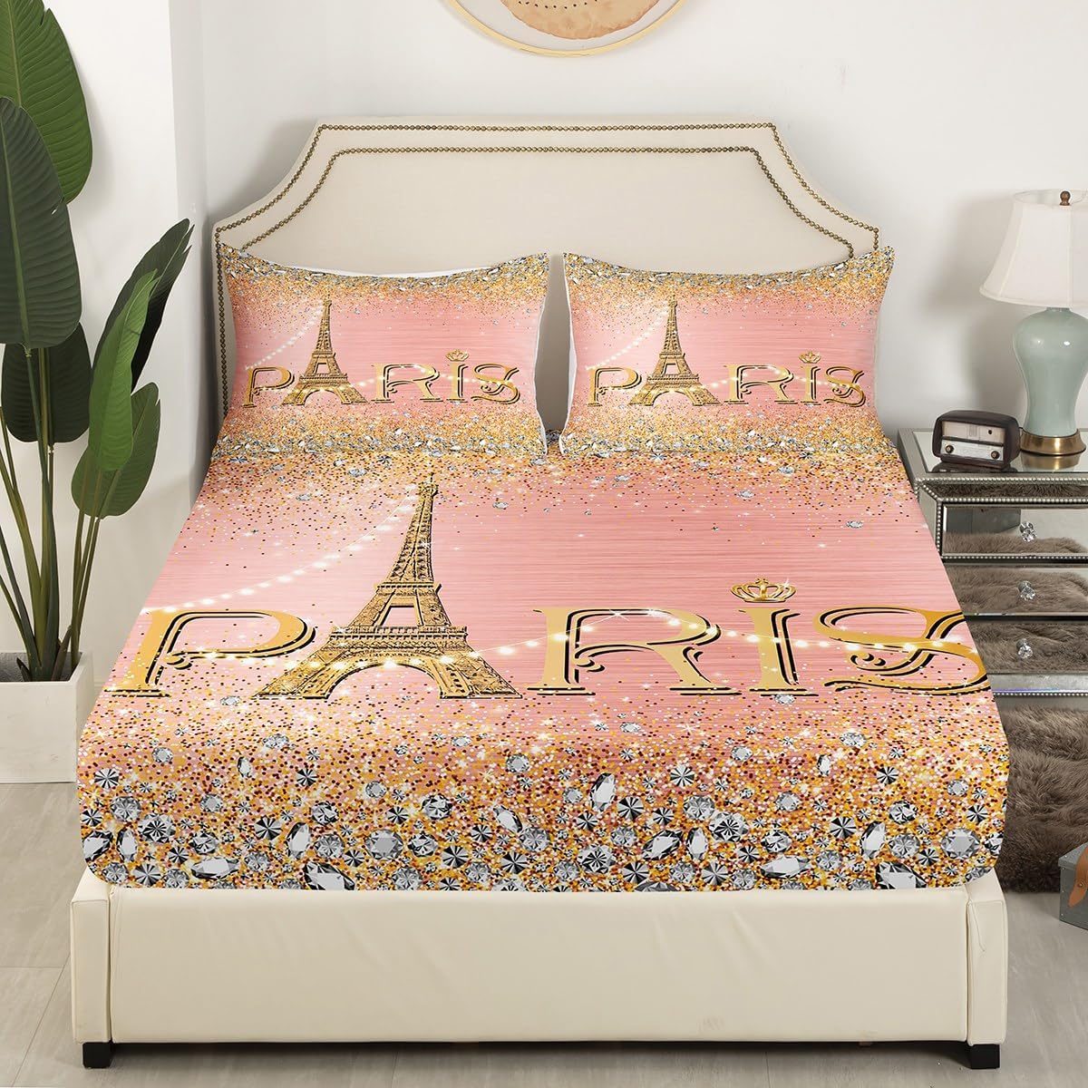 Eiffel Tower Sheet Set King,Pink Golden Paris Romantic Tower Bed Sheets for Women,Gradient Diamond Bedding Set,Sparkles Sequins Fitted Sheet Deep Pocket + Flat Sheet + 2 Pillow Shams Bedroom Decor
