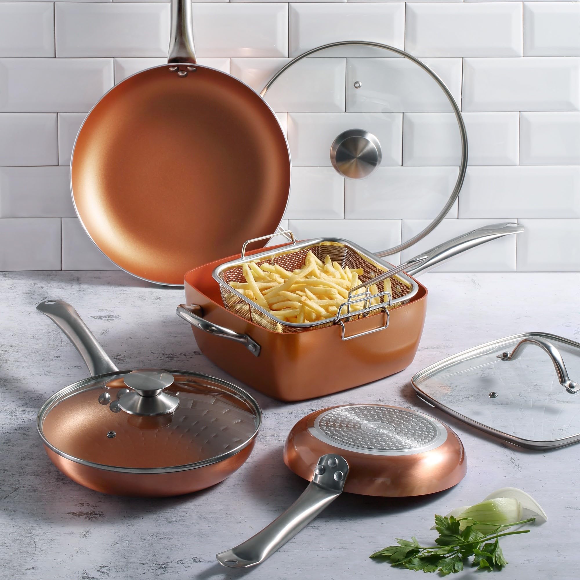 San Ignacio Optimum Copper | Sartén Antiadherente Cuadrada de 24 cm con Cesta de Freír | 5 funciones en 1 | Fabricada con Aluminio Prensado | Revestimiento Multiclad | Todo Tipo de Cocinas