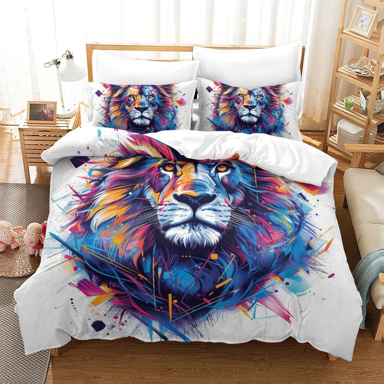 Housse de couette lion imprimée 3D king size 220x240 au motif réaliste