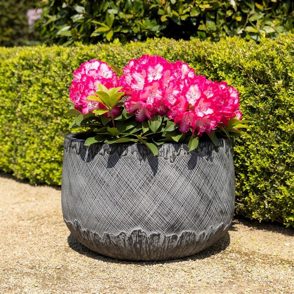 Primrose Pattern Textured Fibrecotta Round Planter In Charcoal 36Cm from B&Q
