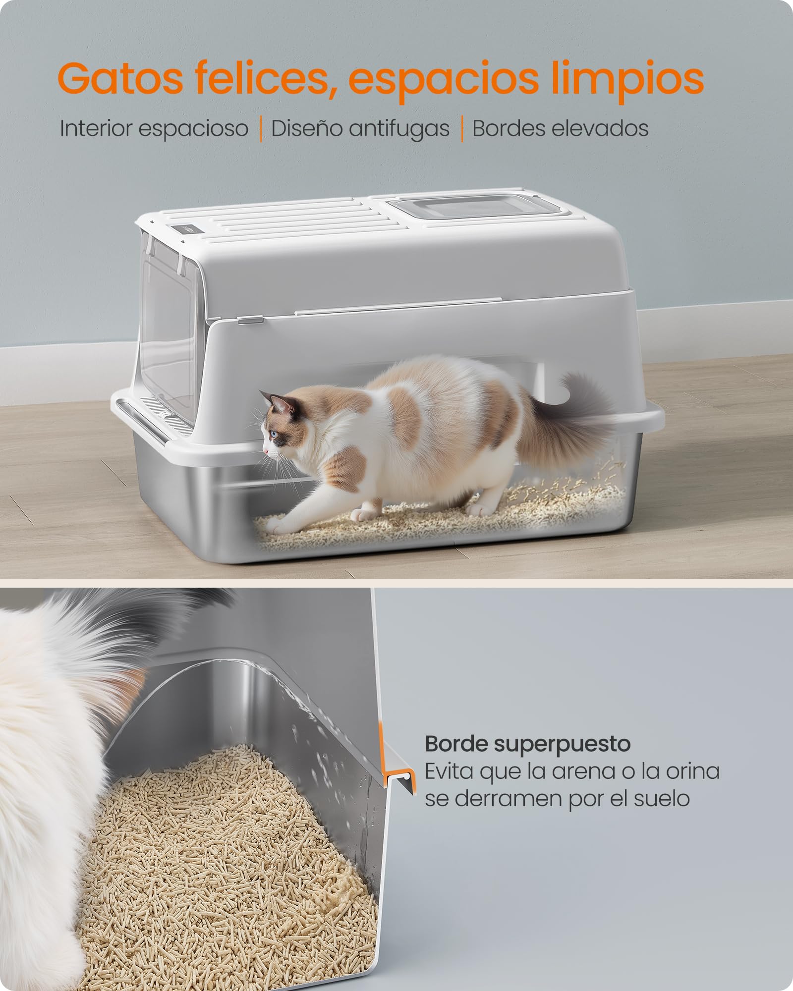 Feandrea Arenero para Gatos de Acero Inoxidable, Caja de Arena con Tapa, Incluye Pala, Alfombrilla y Dos Accesos, para Gatos de hasta 15 kg, Gris Claro PPT007GD01