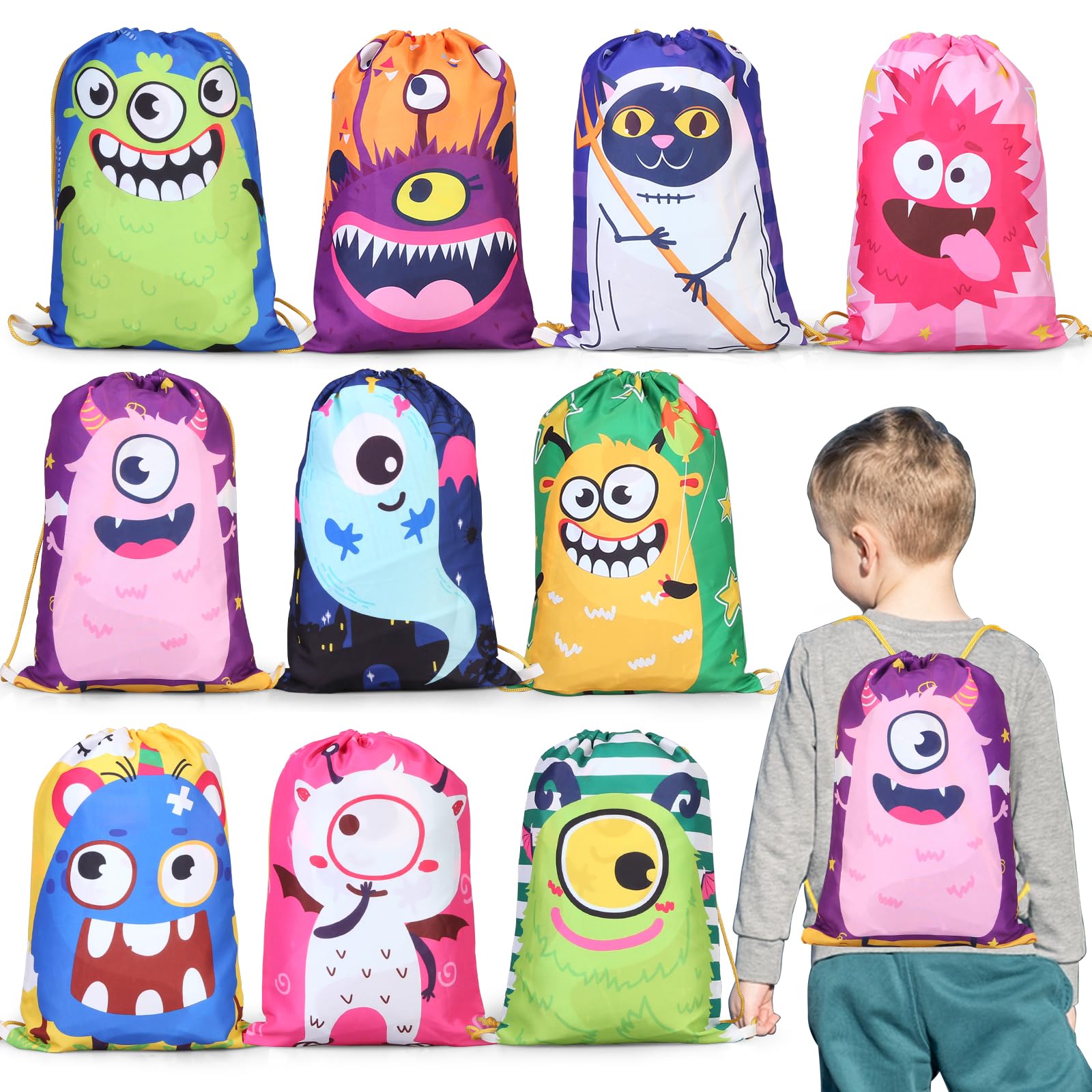 10 Pieces Cartoon Drawstring Backpack,Party Gift Package for Kids,Little Monster Themed Drawstring Bags,Candy Bags Treat Bags for Boys and Girls,Beach Bag for Swimming Traning Sports