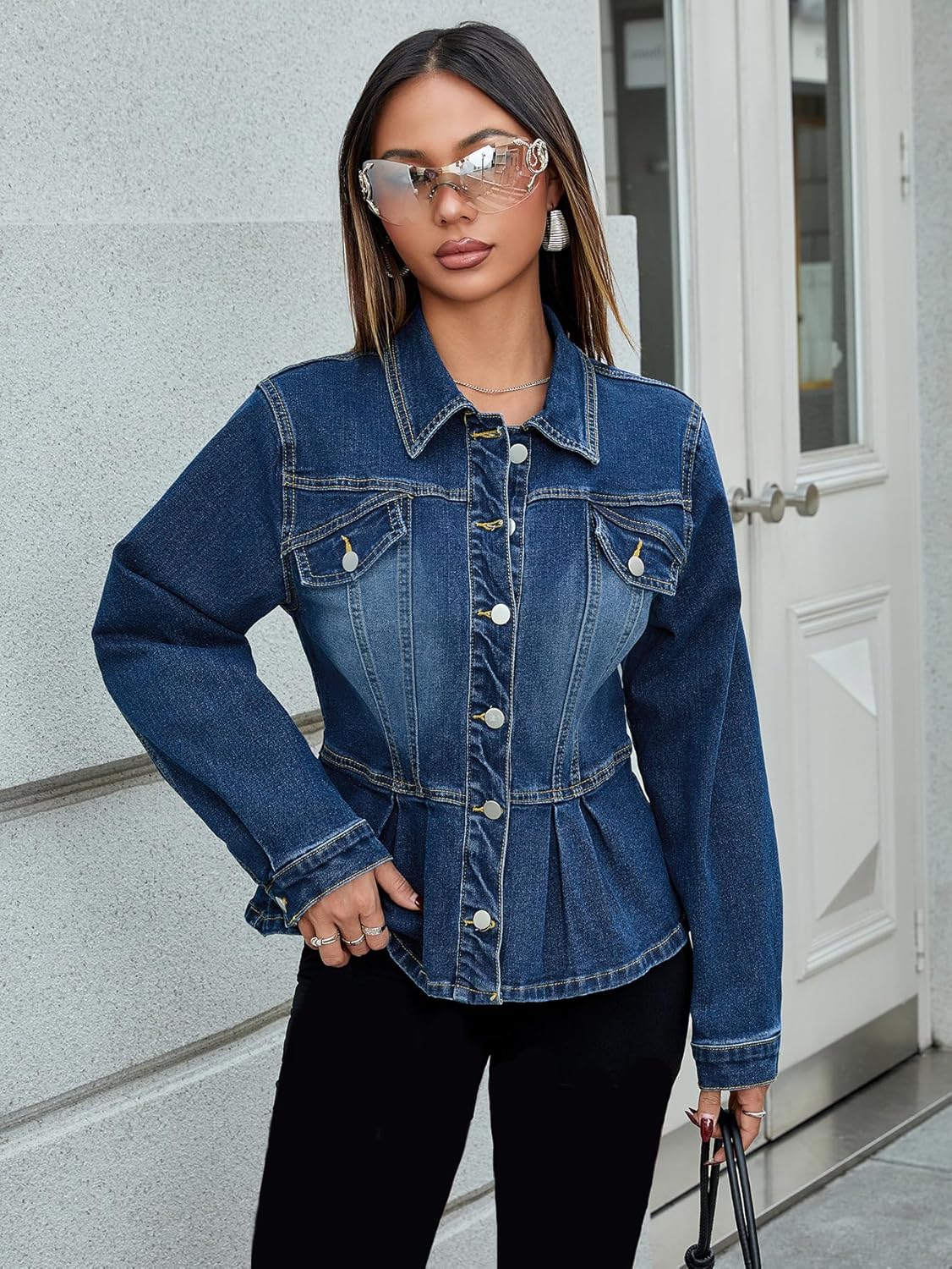 Denim Jacket for Women Long Sleeve Collar Peplum Button Down Jean Jacket with Pockets Raw Hew - Image 4