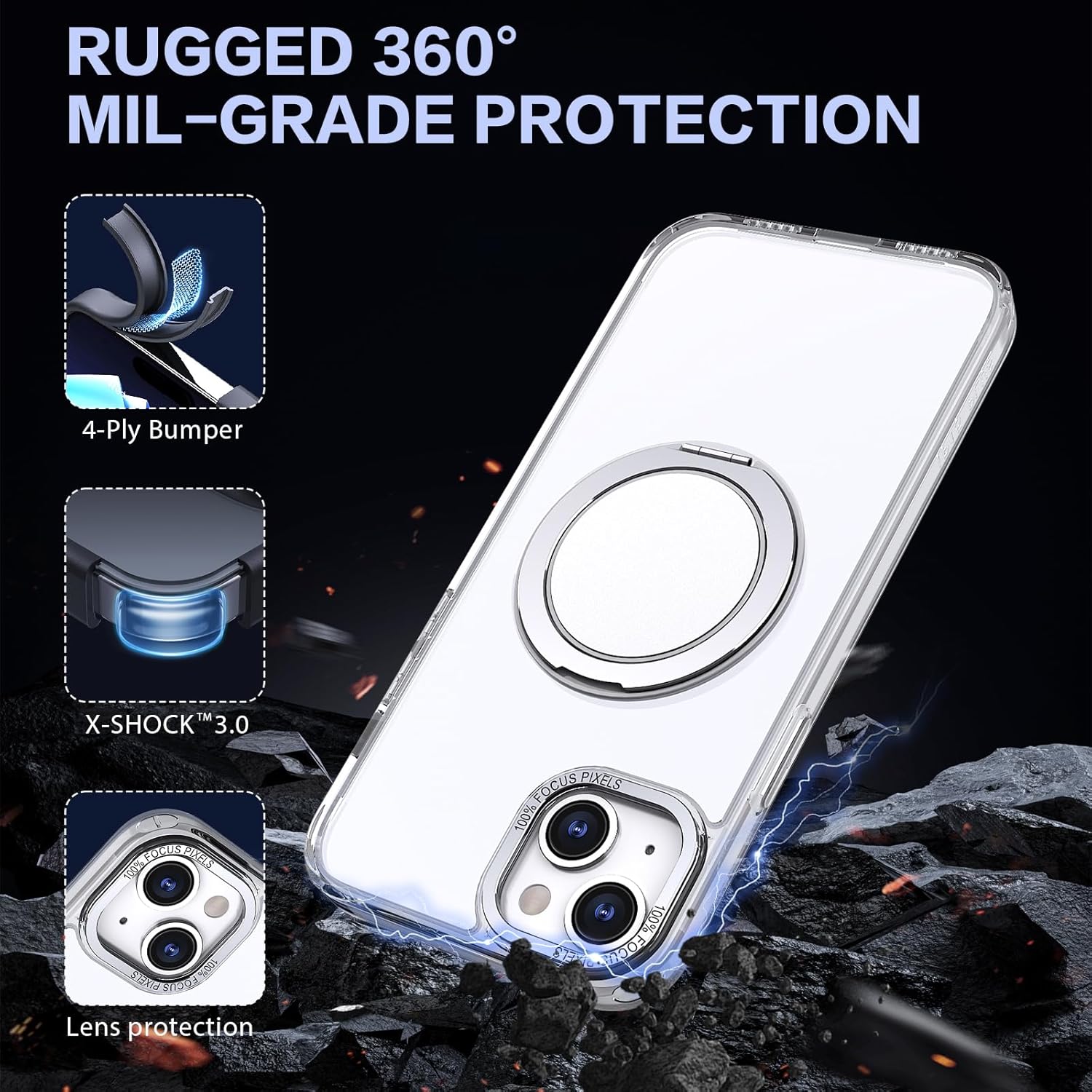 IYH 360° Rotatable Magnetic Case for iPhone 13,iPhone 14, Military-Grade Shockproof Phone Cover with Matte Translucent Back(White)