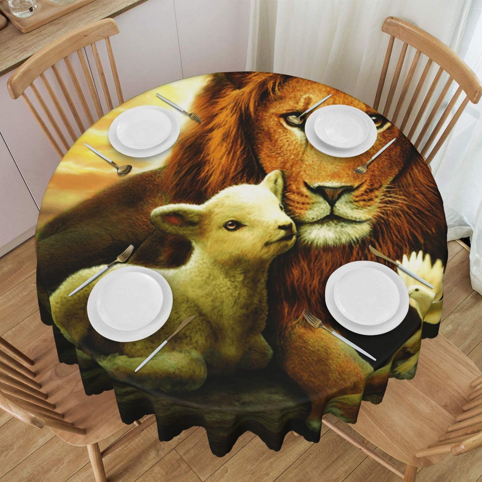 DCEHGEW 60 In Round Tablecloth with Lace, Sunset Lion Lamb Bird Printed Oilproof & Washable Fabric Picnic Table Cloth Table Covers