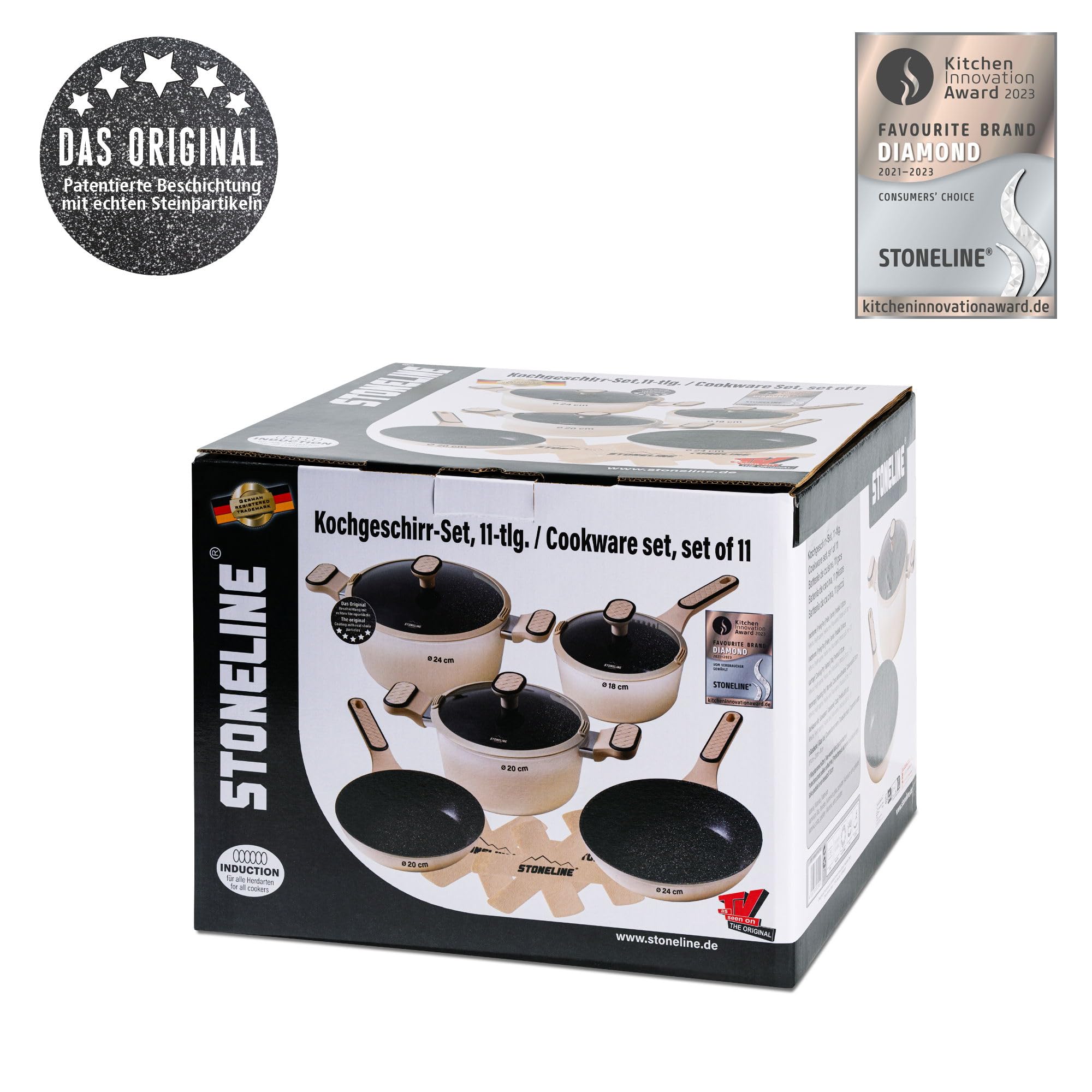 STONELINE Batteria Cucina 11 Pezzi 18/20/24 cm Set Padelle e Pentole con Coperchio, Pentola Padella Induzione Antiaderente con Vere Particelle di Pietra, Tutti i Piani Cottura, Colore: Crema