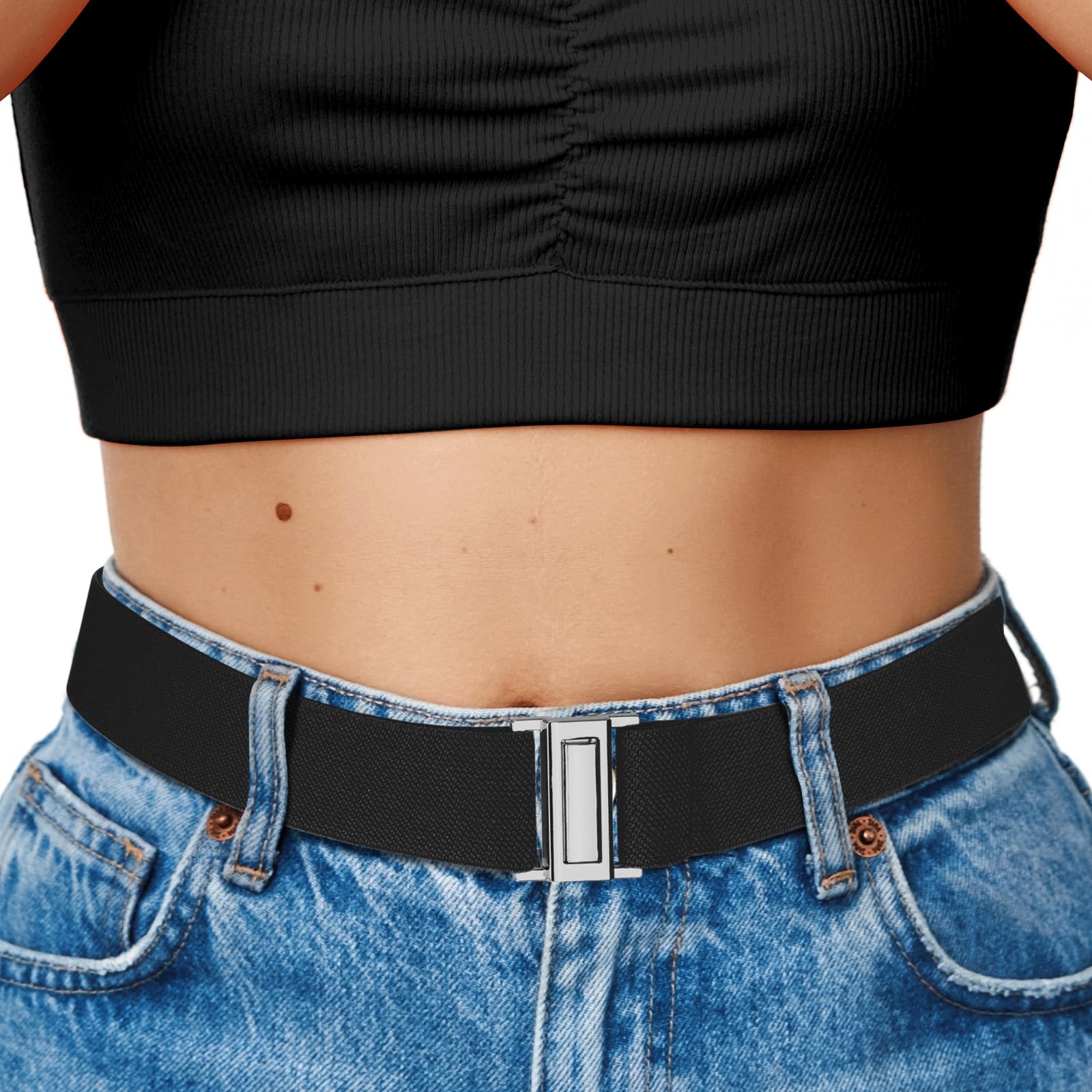 No Show Elastic Belts for Women with Invisible Flat Buckle Stretch Web Strap Belt for Jeans Pants Dresses