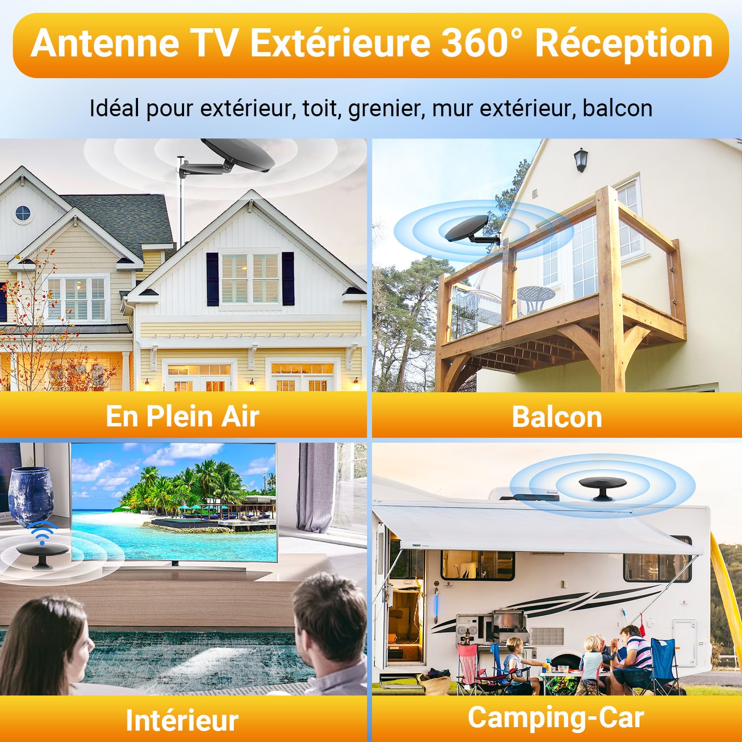 Antenne TV Extérieure Puissante, Antenne TNT pour Camping Car Réception Longue Portée 360, Antenne Camping Car pour Canaux Locaux, TNT HD 4K DVB-T/T2, Câble Coaxial de 32,8 ft (Noir)