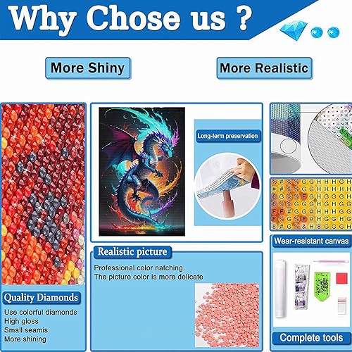 Miniatura 5 de Noche Pintura de diamante de dragón divino en acuarela, pintura digital interactiva hecha a mano para adultos, kit de pintura de diamante, para