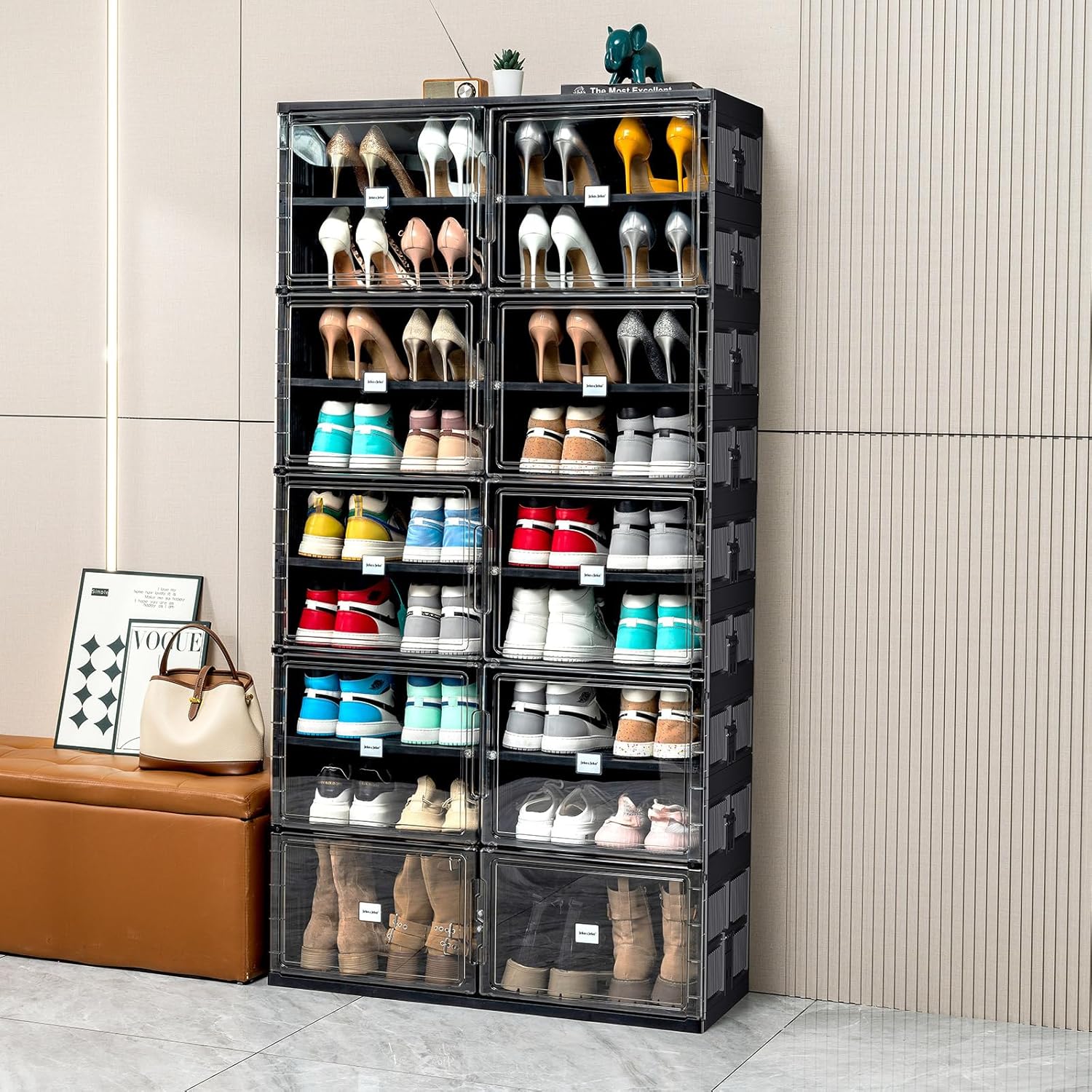 JEKO&JEKO 9 Tiers Foldable Boot Storage Shoe Rack Cabinet for Closet Entryway, Large Collapsible Shoe Organizer with Magnetic Doors (Black)