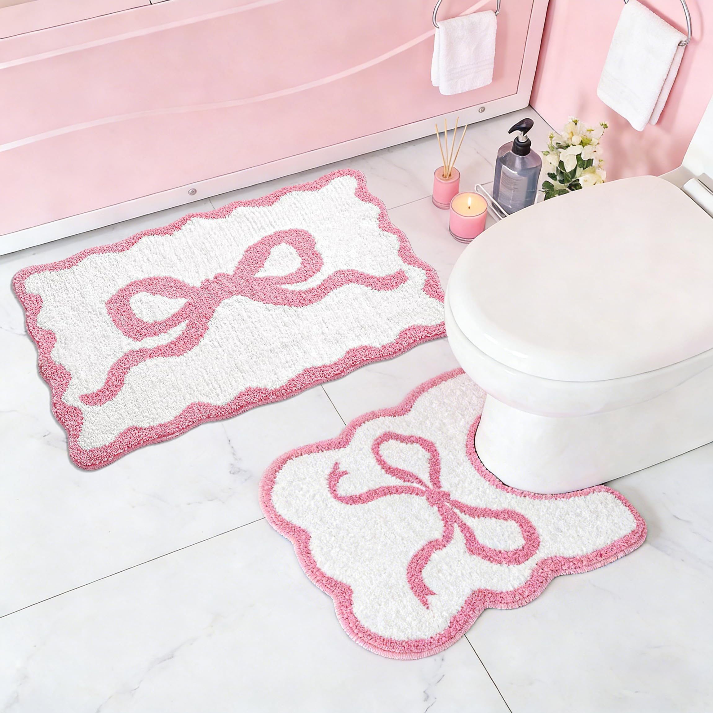 TIKIRUGI 2PCS Bathroom Rug Set, Non-Slip Absorbent Bath Mat & Toilet Rug, Super Soft Plush Bathroom Decor for Floor Shower, Housewarming Gift for Her