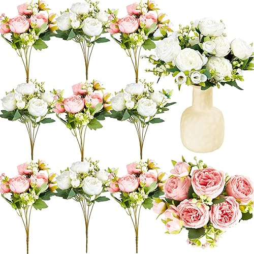 Jexine 12 paquetes de flores artificiales de seda de peonías artificiales, ramo de peonías falsas, ramos de flores artificiales para jarrones,