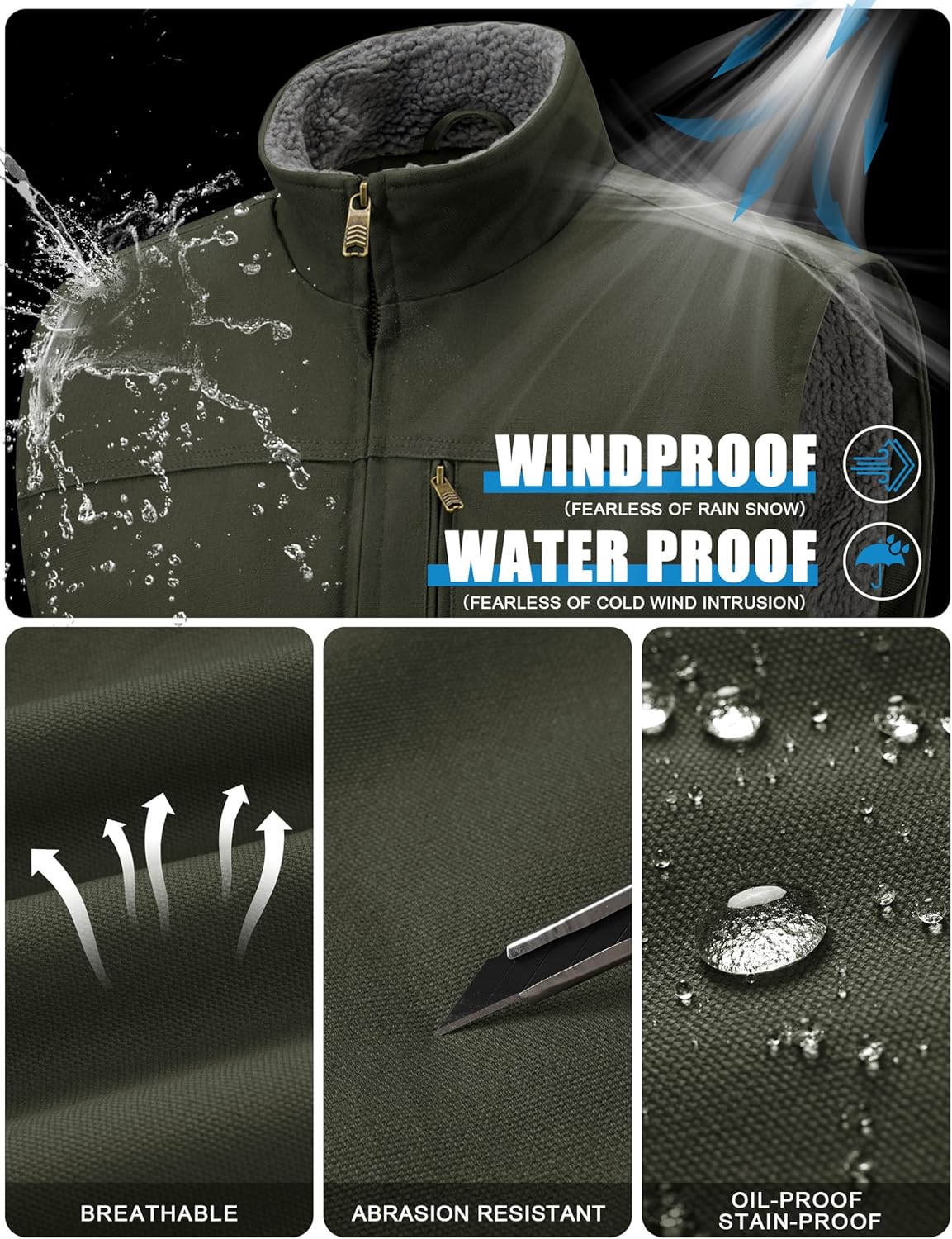 Cotrasen Men's Vest Cotton Work Vest Sherpa Lined Casual Outerwear Fleece Warm Sleeveless Jackets - Image 3