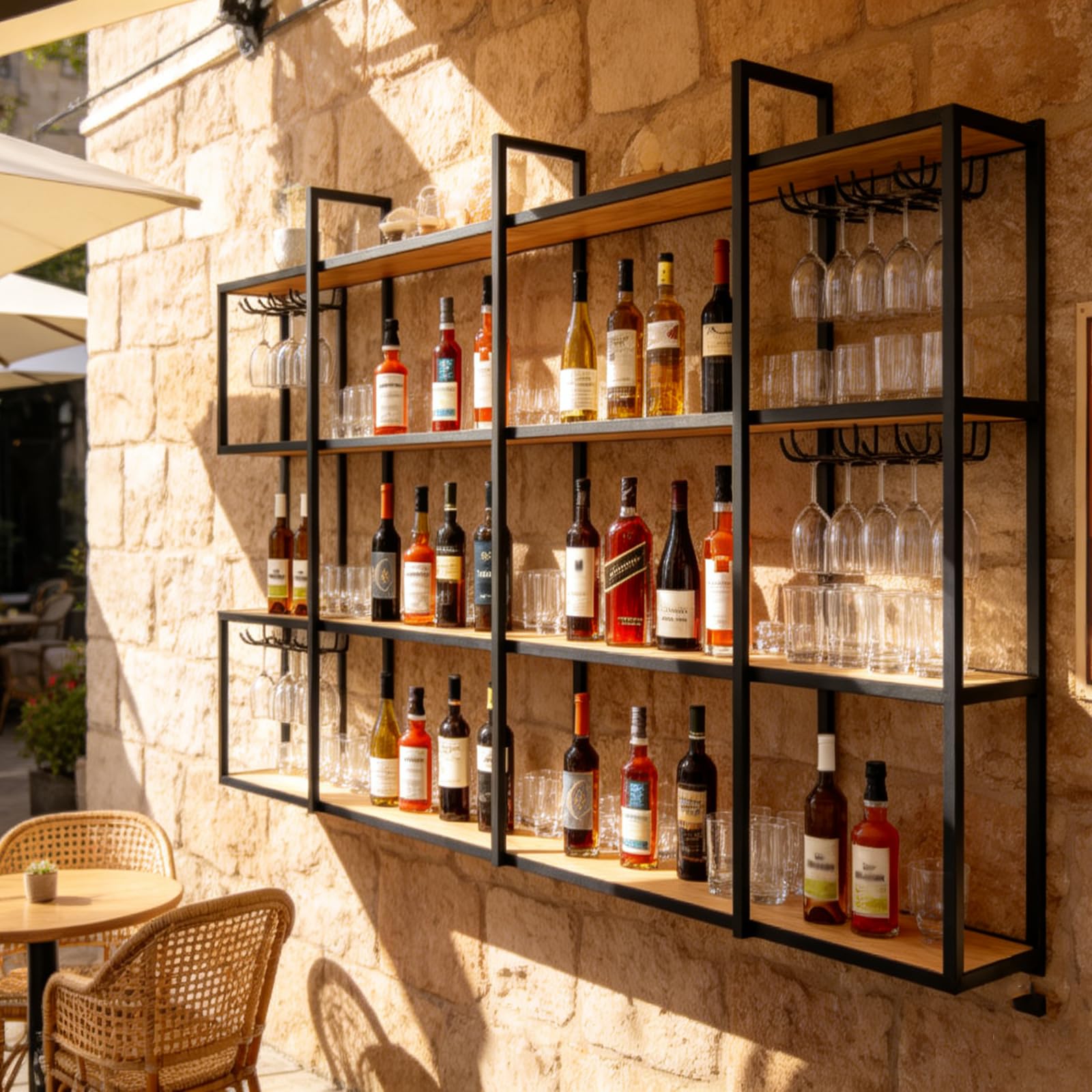 Botellero de Pared Metálico de 4 Niveles con Luz LED, Botellero Industrial de Pared para Vino, Soporte Vertical para Botellas y Copas para Bar, Cocina y Decoración del Hogar(Negro, 180cm)