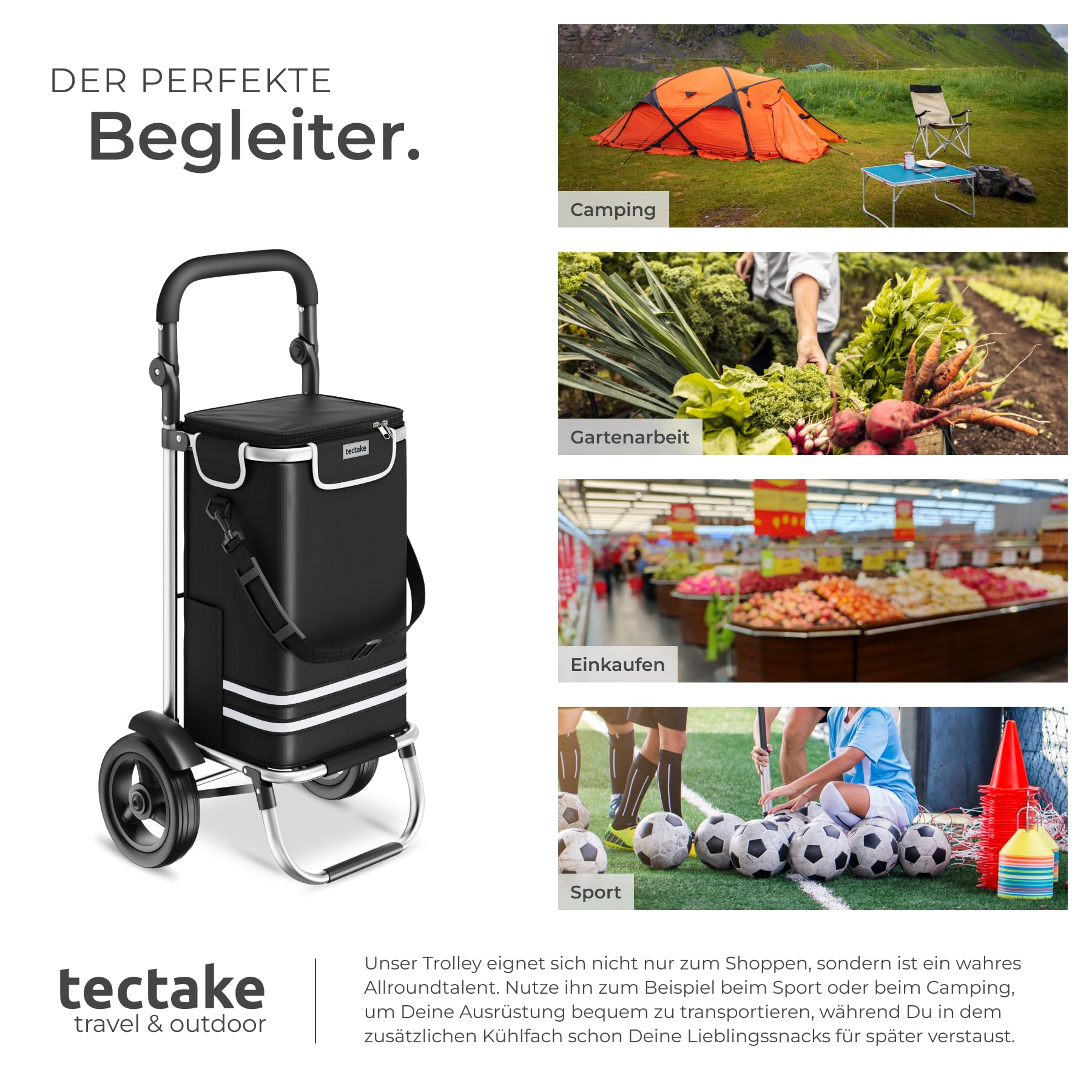 tectake® Einkaufstrolley 3-in-1 klappbar mit Kühltasche, 30 kg belastbar, 45,5 L, Einkaufsroller, Shopper, Sackkarre, Umhängetasche, Trolley Tasche, höhenverstellbarer Griff, Alu Gestell - schwarz