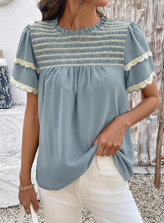 Dokotoo Womens Summer Smocked Tops Crewneck Short Ruffle Sleeve Blouses