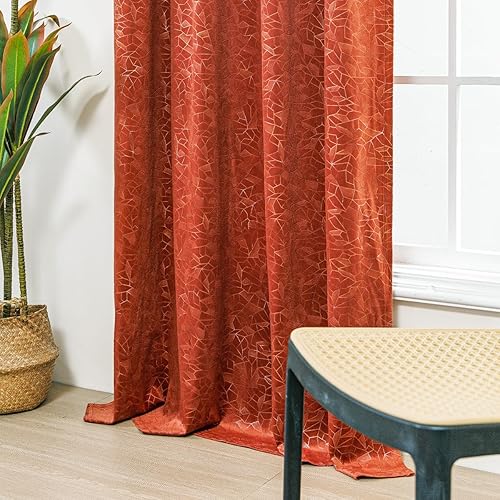 Miniatura 6 de Tootop Cortinas opacas de terciopelo naranja con estampado geométrico de lámina dorada, suaves y lujosas, para sala de estar, dormitorio, bolsillo