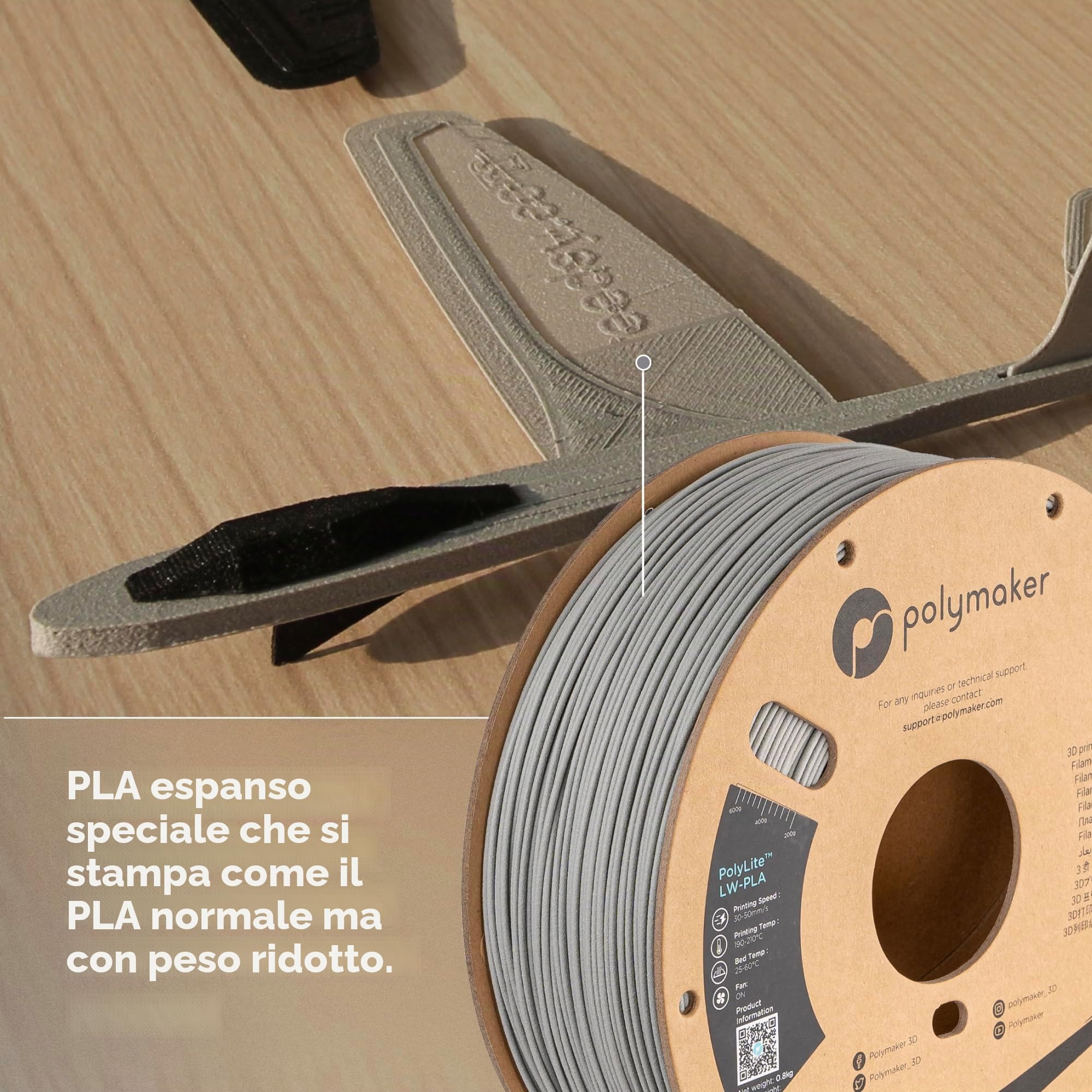 Polymaker PolyLite LW-PLA - 1.75mm - 800g - Grigio