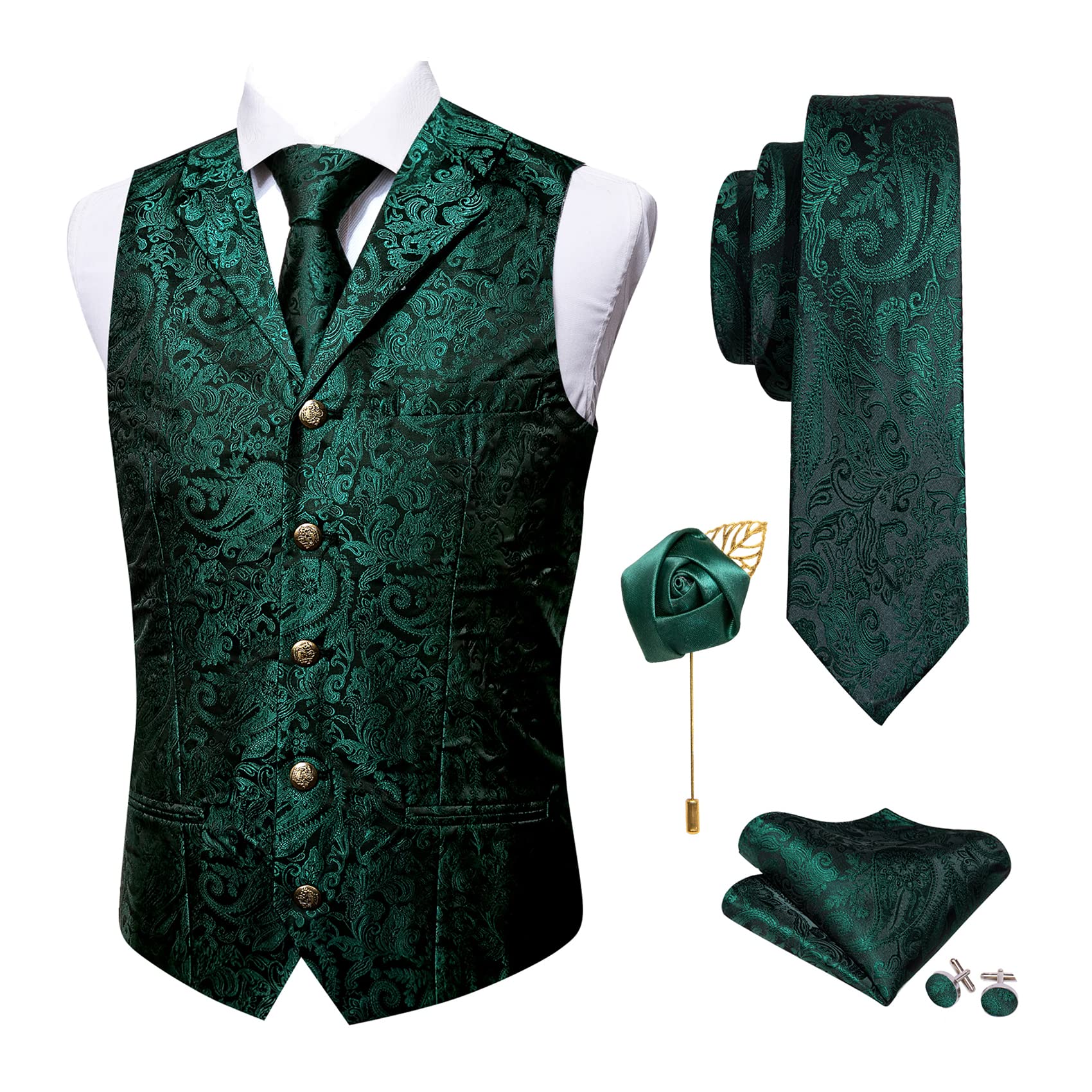 Barry.Wang Mens Silk Paisley/Floral Suit Vest Tie Sleeve Holder Set 5PCS