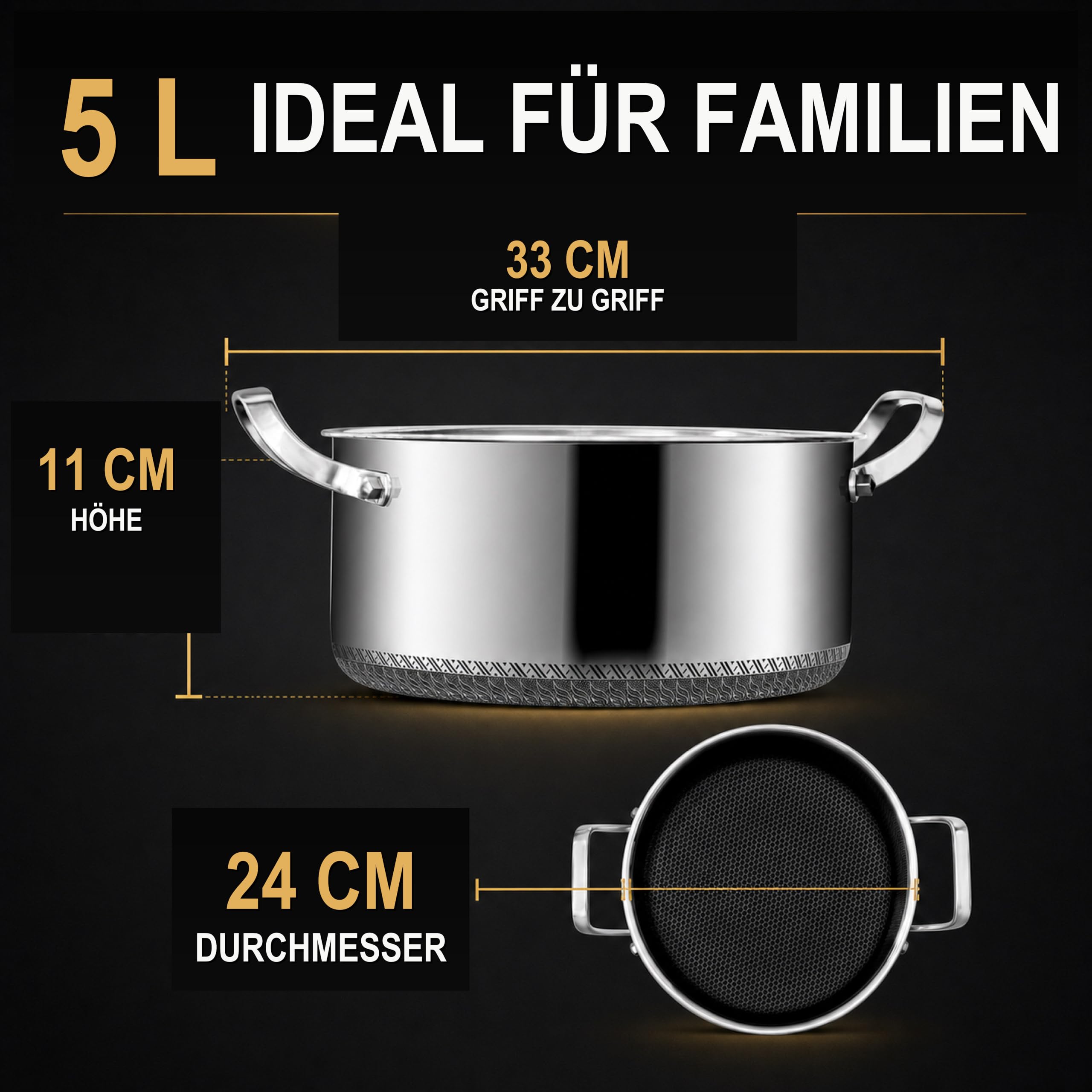 Kochtopf 24 cm 5 L Bratentopf Mit Zwei Griffen Antihaft Mit Glasdeckel Induktion Geeignet Kratzfest Leicht Zu Reinigen