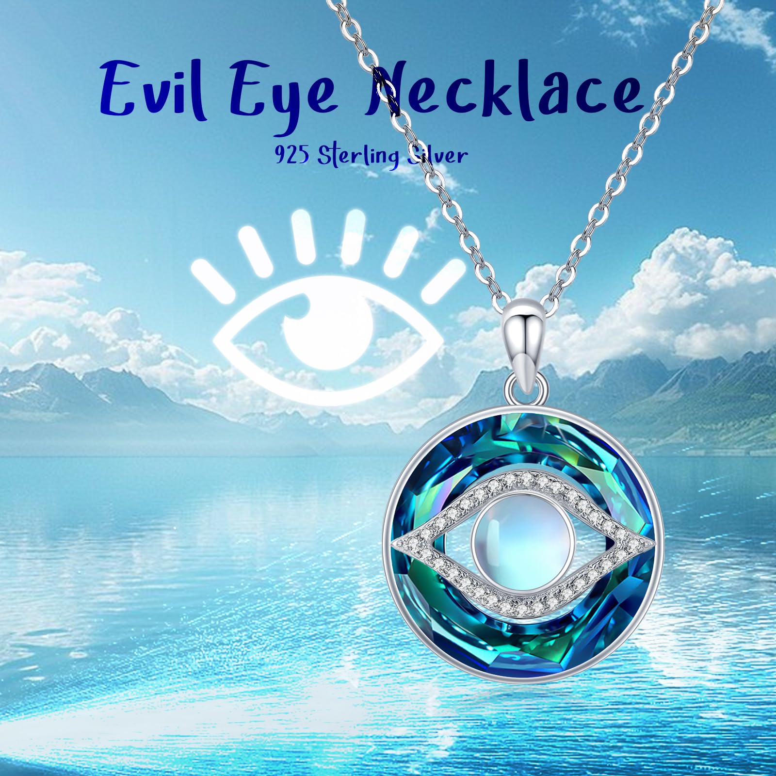 Collar de plata de ley 925 contra el mal de ojo, collar de piedra lunar, collar de cristal, regalo para mujer, talla única, Plata esterlina, Cristal