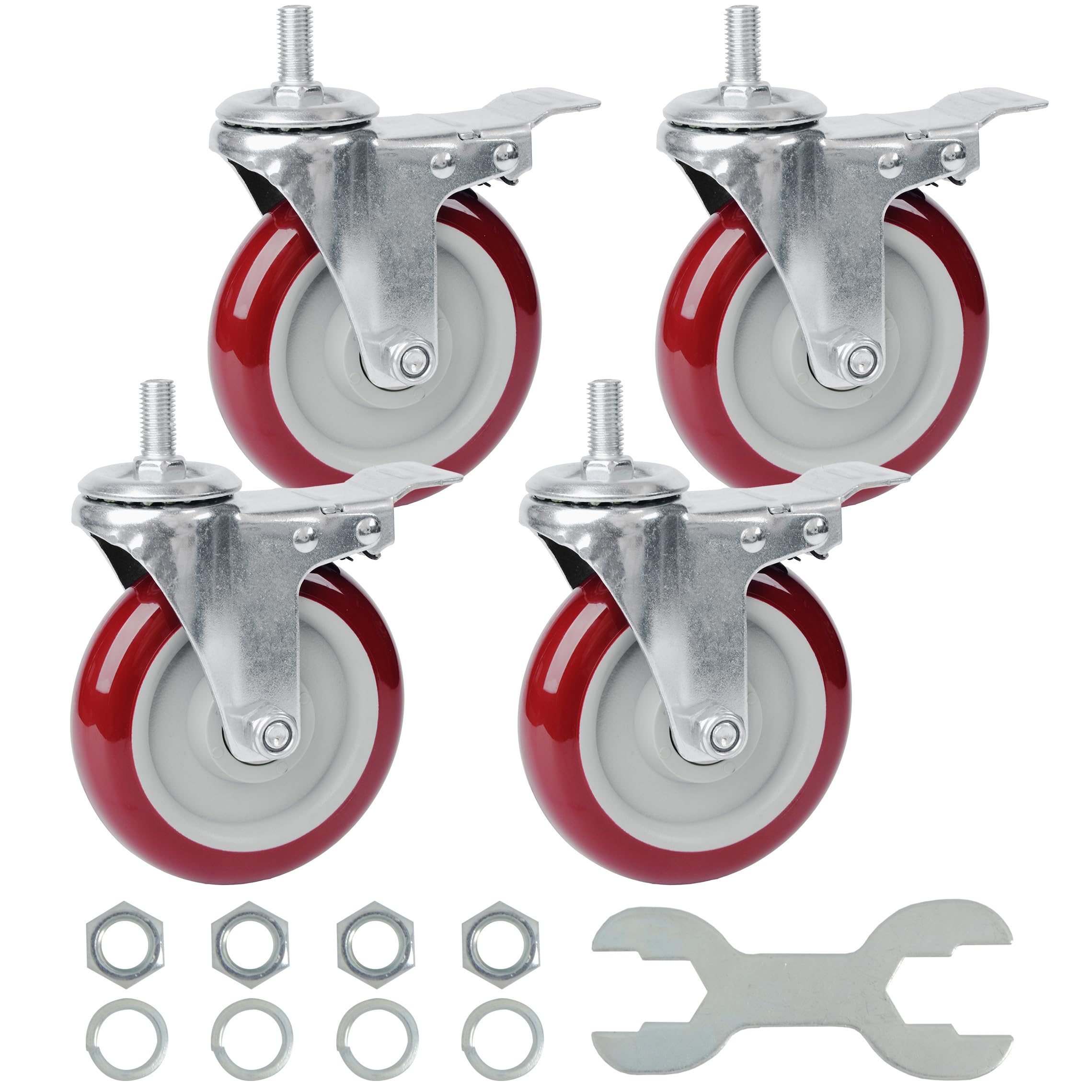 Finnhomy Swivel Caster Wheels 5 Inch Threaded Stem Casters Set of 4 Heavy Duty 1/2"-13 x 1" with Brake Polyurethane Industrial Locking Castors Wheels for Cart/Furniture 2200 Lbs Smooth Casters, Red