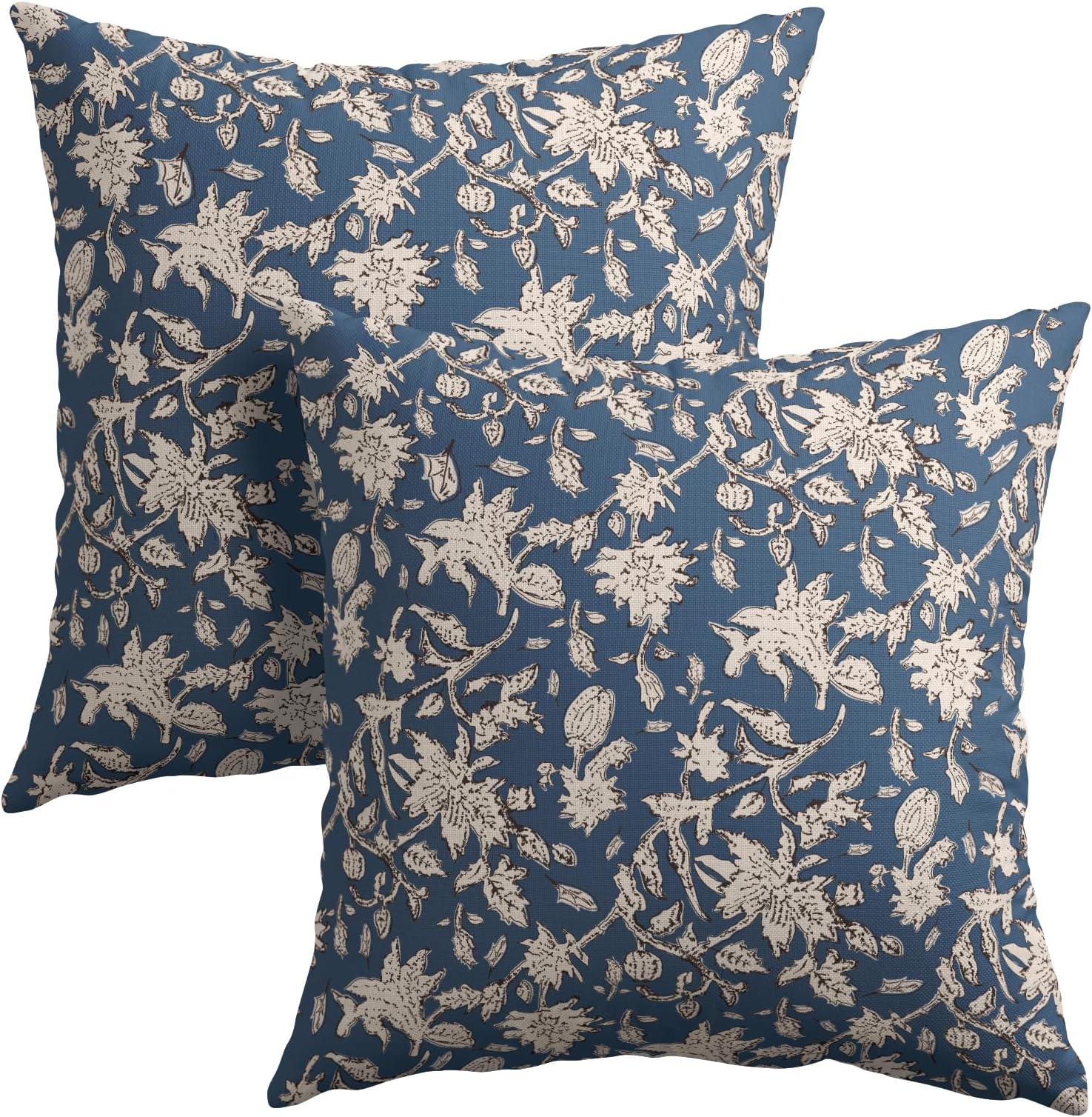 Blue Floral Block Print Throw Pillow Covers 18x18 Inch Set of 2 Vintage Boho Cottage Spring Fall Decor Cushion Cover Neutral Accent Modern Pillowcase for Home Bedroom Sofa Couch