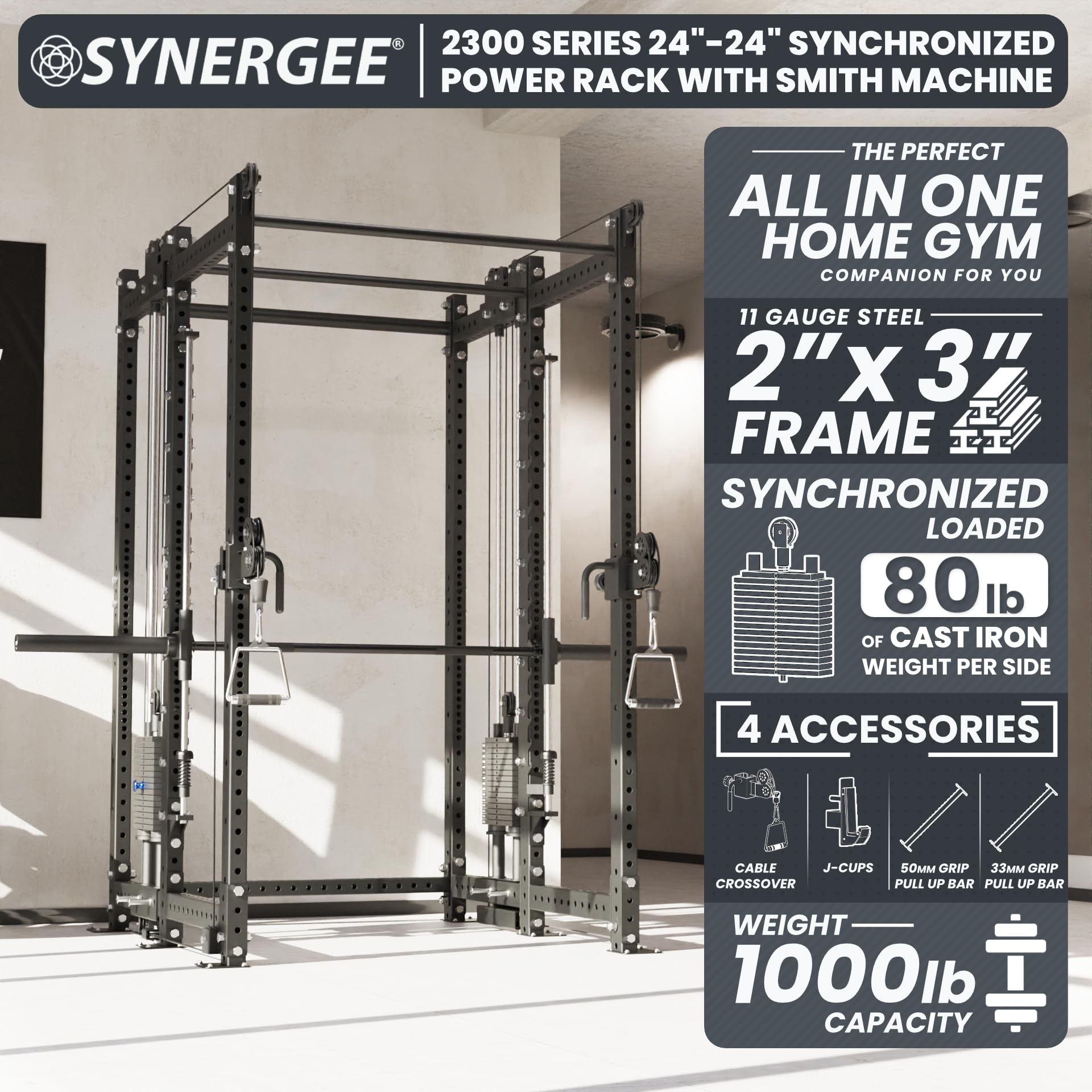 Synergee 2300 Series Power Cage with Synchronized Loaded Cable Cross Overs and Smith Machine - Black - 24x24