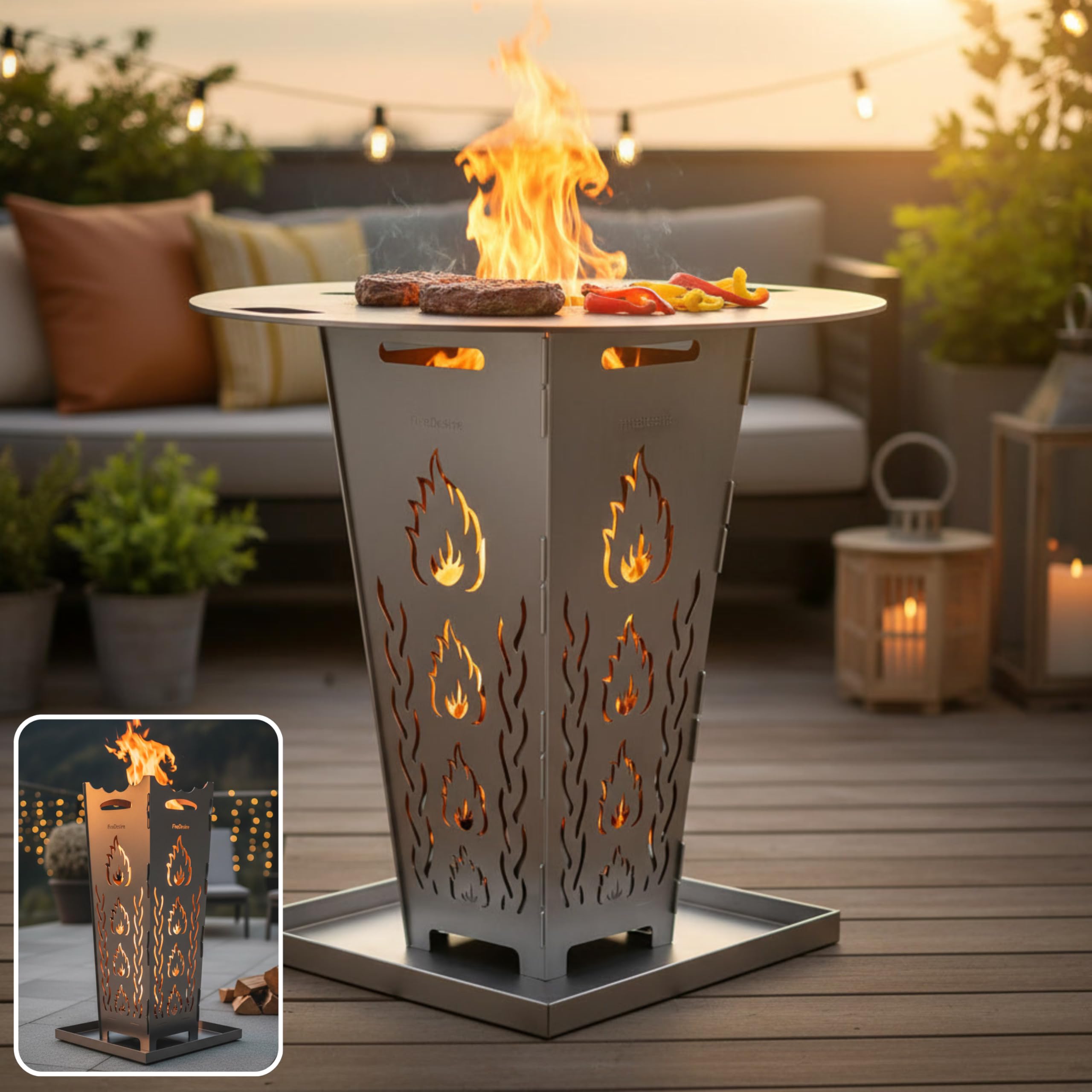 FireDesire Feuerkorb 80 cm mit massiver Grillplatte und Ascheschale, Feuerschale mit Grillplatte für Garten und Terrasse, Made in Germany