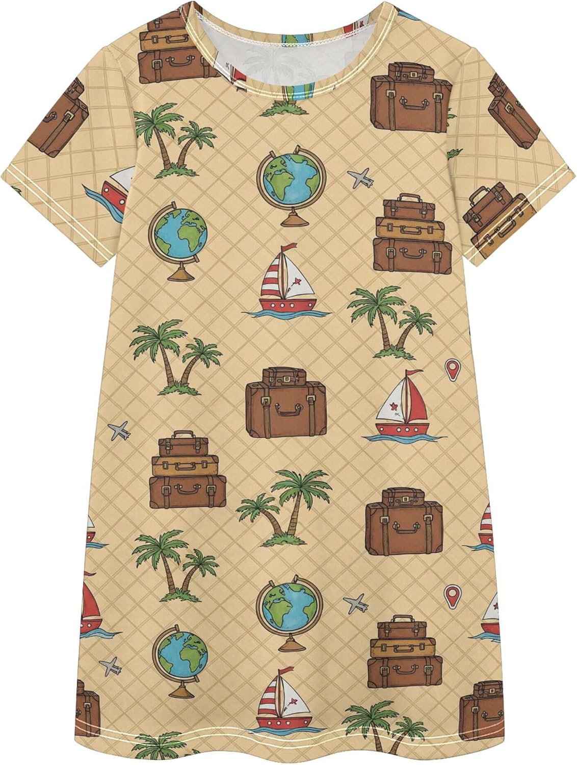 Exnundod Girls Casual Dresses Cotton Short Sleeve Dresses Travel Adventure Globes Sails Soft T-Shirt Dress 2-8T