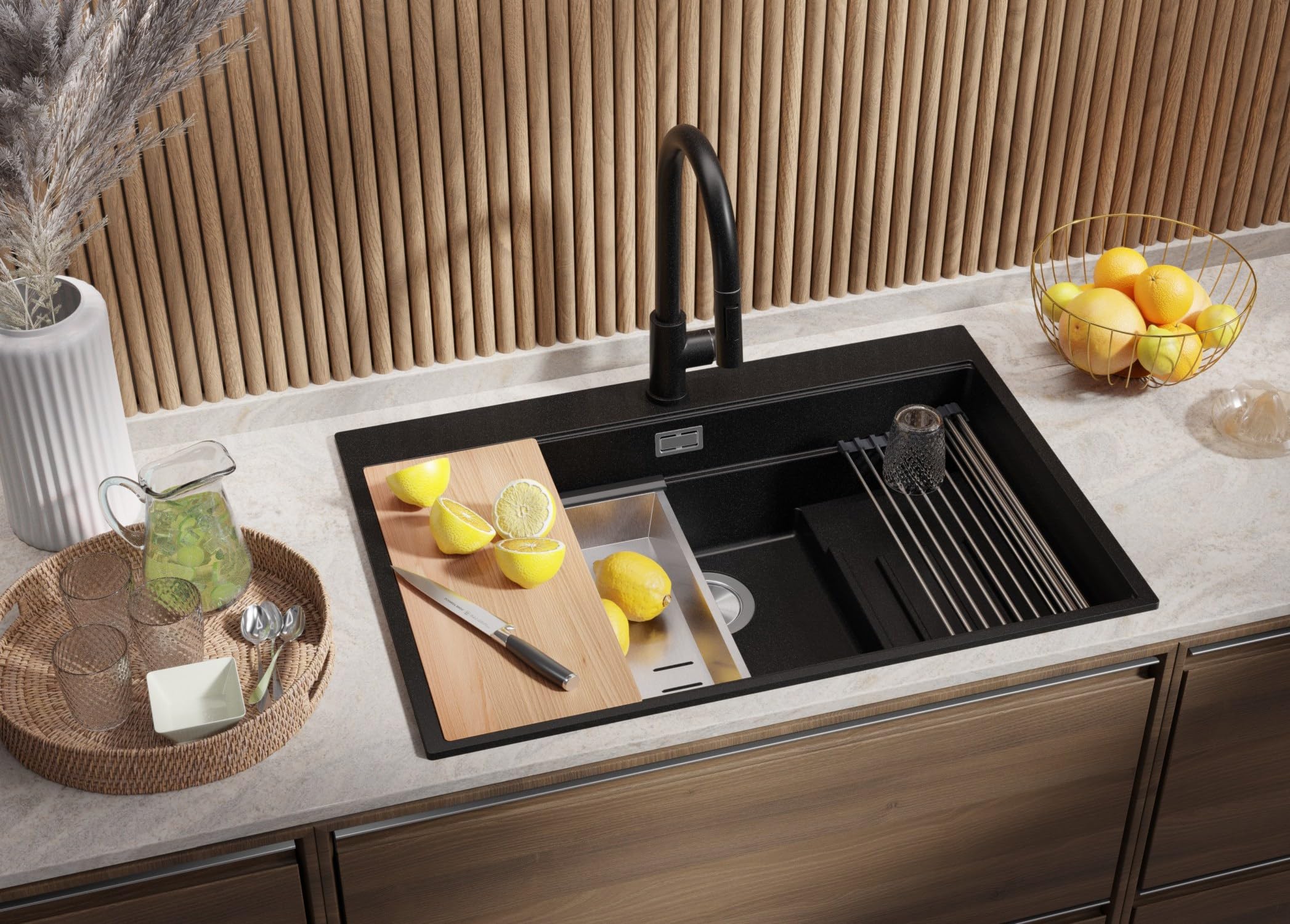 PRIMAGRAN Lavello da Cucina Nero 78x53cm, Lavandino in Granito a 1 vasca + Sifone Classico, Lavabo da Cucina Incasso al Mobile 80cm - Oslo Max Step S095