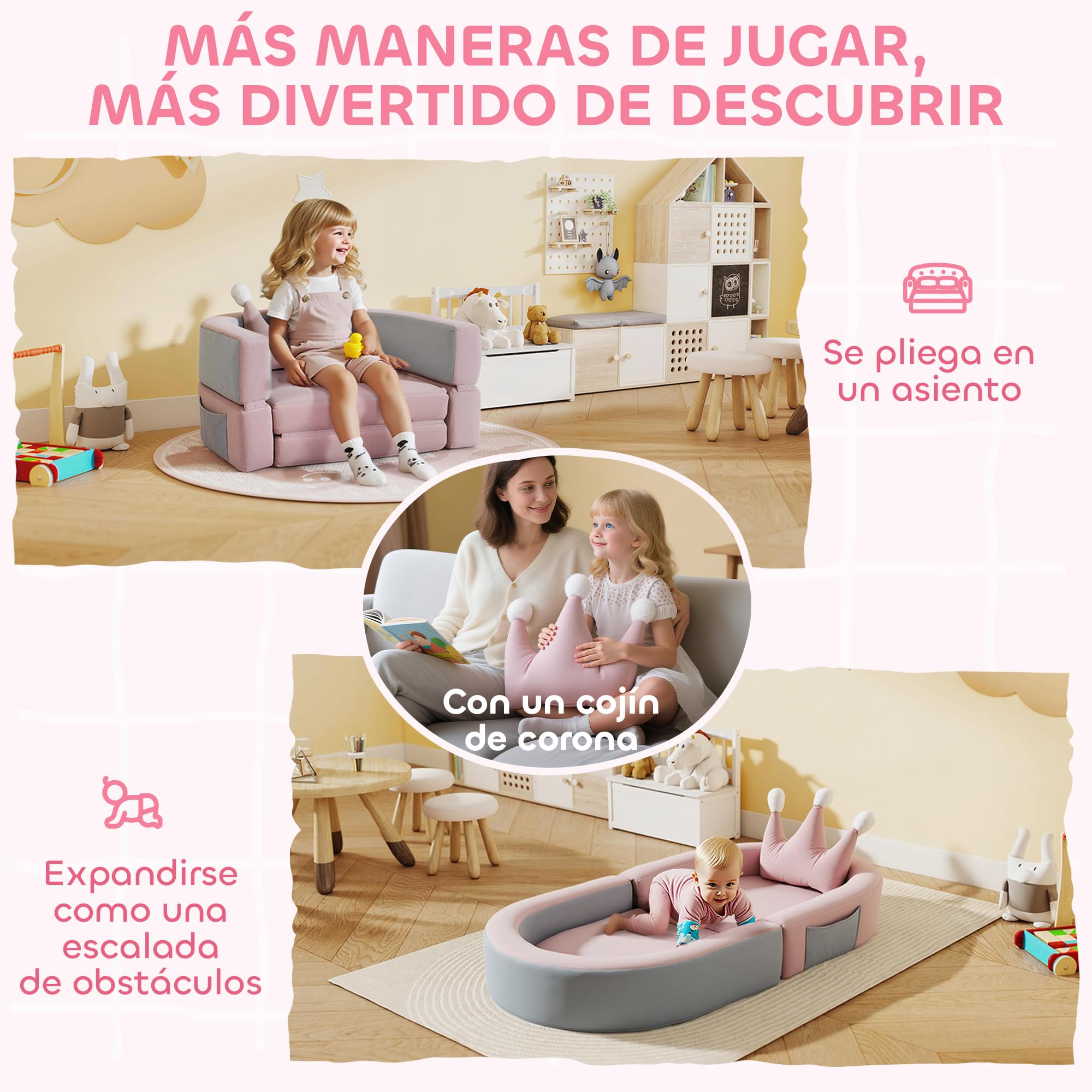 AIYAPLAY Sofá Infantil Convertible, Sofá para Niños con Cojín de Corona, Plegable en Cama y Zona de Juego, Tapizado de Terciopelo Suave, para Niños 18-36 Meses, Rosa y Azul Grisáceo