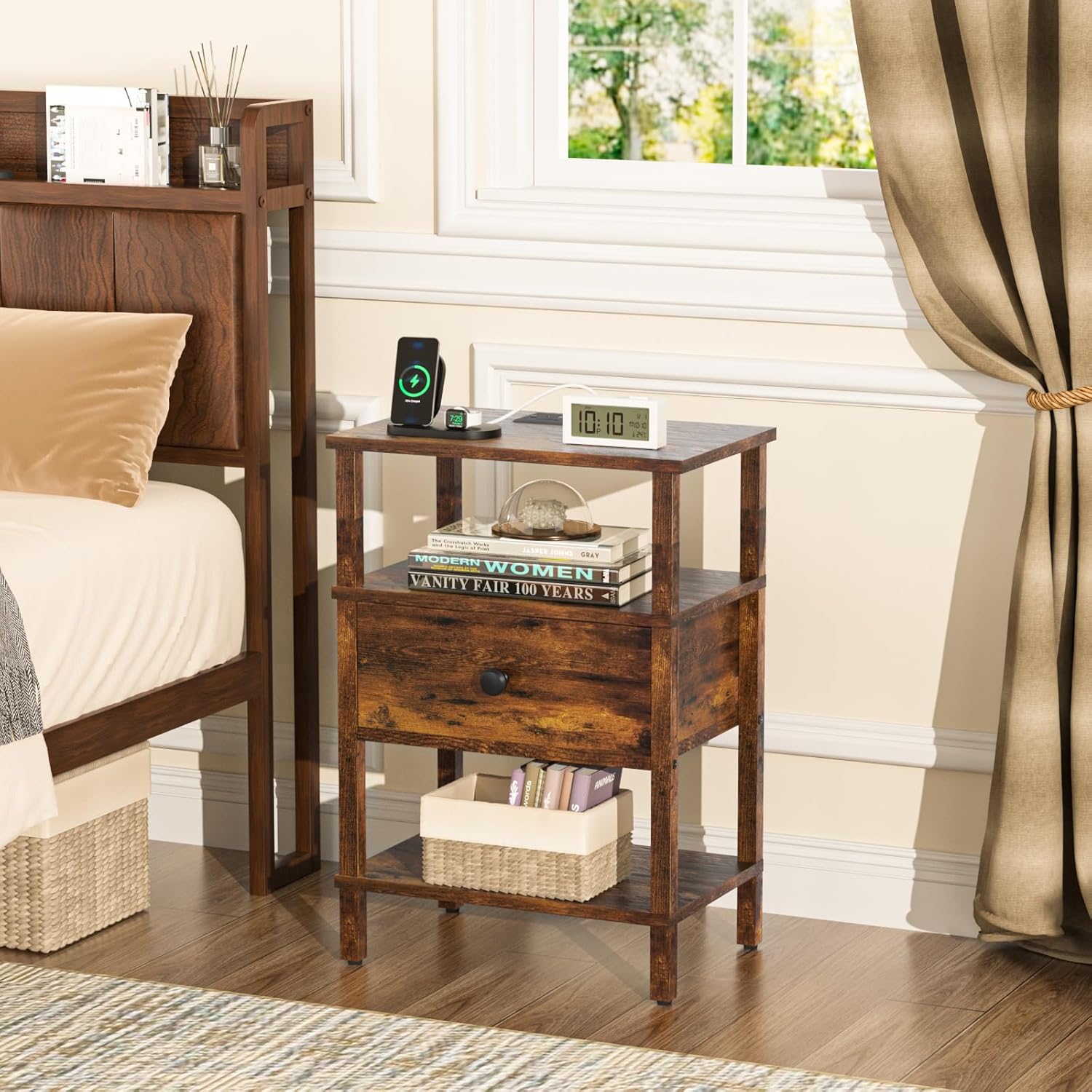Lerliuo Nightstand with Charging Station and USB Ports, 3-Tier Storage End Table with Drawer Shelf, Night Stand for Small Spaces, Wood Bedside Table for Living Room, Bedroom - Retro Brown… - Image 7