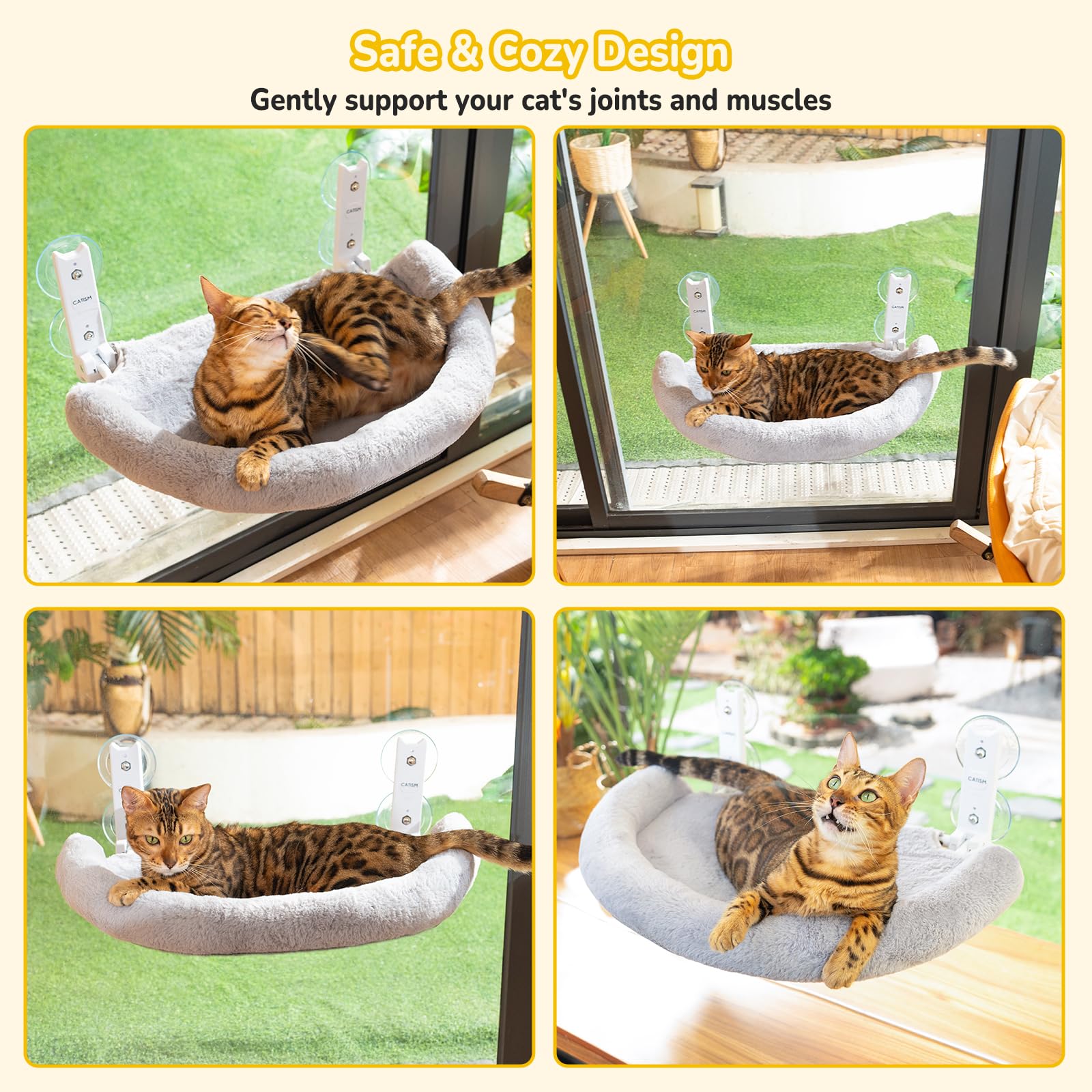 CATISM Pieghevole Amaca per Gatti da Finestra con Cuscino, Semicircolare Amaca Gatto con Forte Ventosa, Amaca Finestra Gatto Lettino per Gatti, Grigio