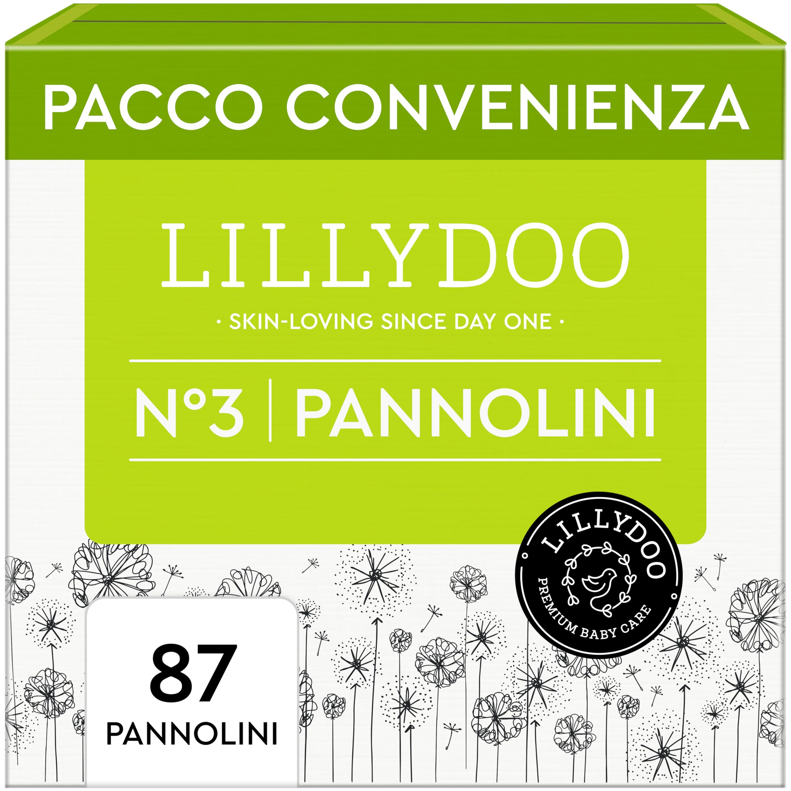 Pannolini LILLYDOO delicati sulla pelle - taglia 3 (6+ kg), pacco scorta (87 unità), protezione contro le fuoriuscite, morbidi, senza profumi & lozioni e dermatologicamente testati