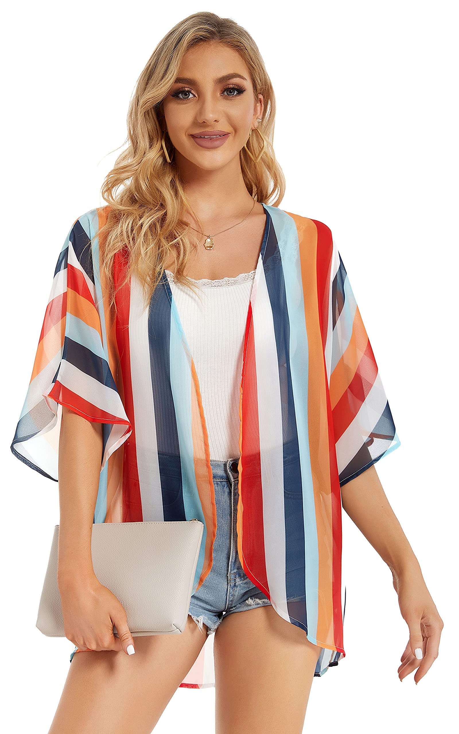 Damskie kimono, plażowe, szyfon, kardigan, kwiaty, topy, luźne peleryny, Niebieski / biały w paski, 3XL