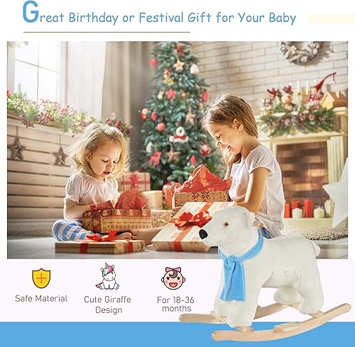 Miniatura 3 de Qaba Caballo mecedor para niños con cuerpo de oso polar suave, divertido sonido de rugido y manillares de seguridadreposapiés