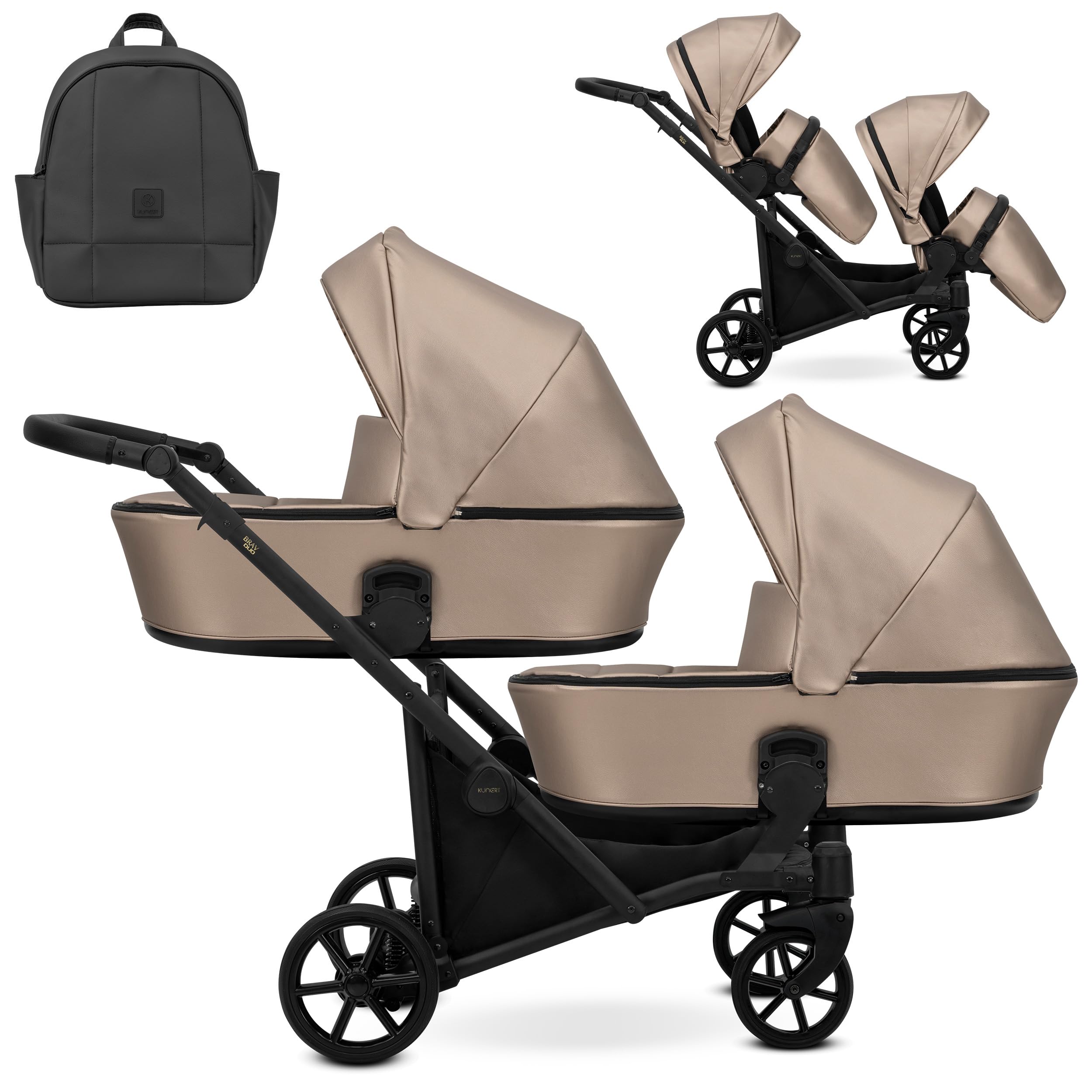 Kunert BRAV DUO Passeggino Gemellare 2 in 1+Accessori: Comfort, Sicurezza, Praticità, design elegante e funzionale, sistema versatile, telaio in alluminio (ecopelle cappucino/telaio nero)
