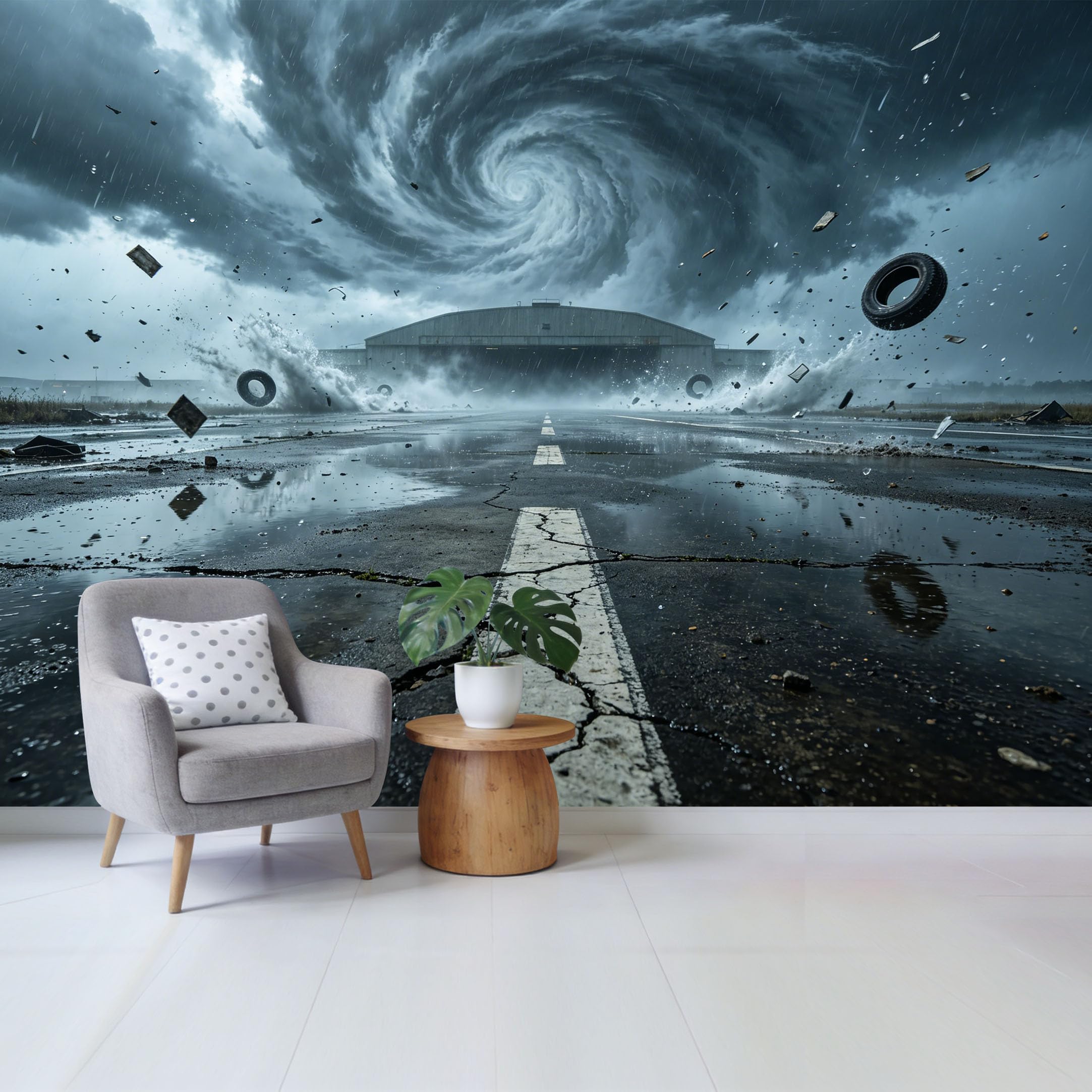 Custom Size Wall Mural Dramatic Storm Tornado Over Runway Industrial Landscape 3D Effect Removable Self Adhesive Fabric Home Wall Decor for Living Room Bedroom Bathroom