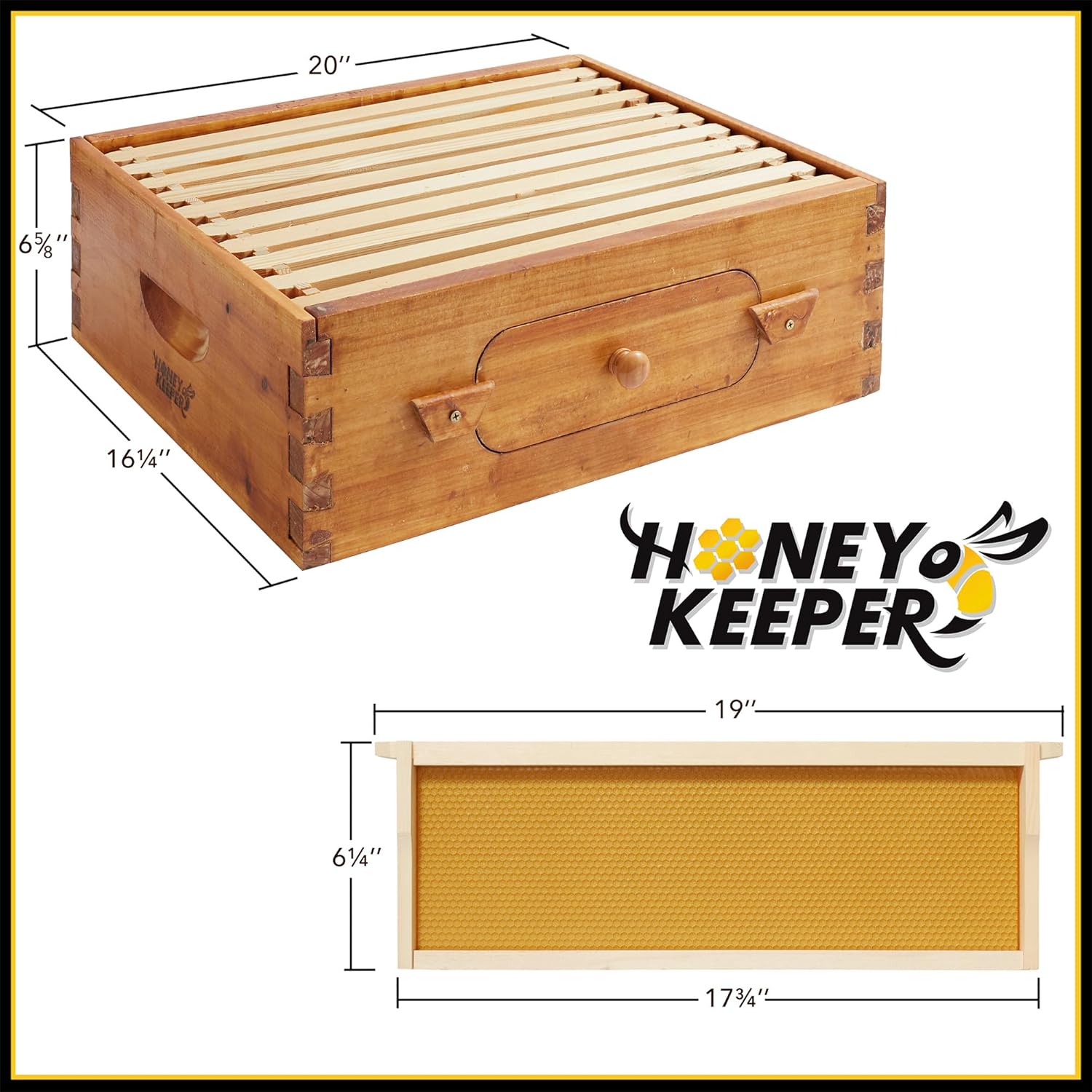 Honey Keeper Medium Super Brood Box with Window, 100% Beeswax Coated Beehive Kit with 10 Wooden Frames and Waxed Foundations for Langstroth Beekeeping